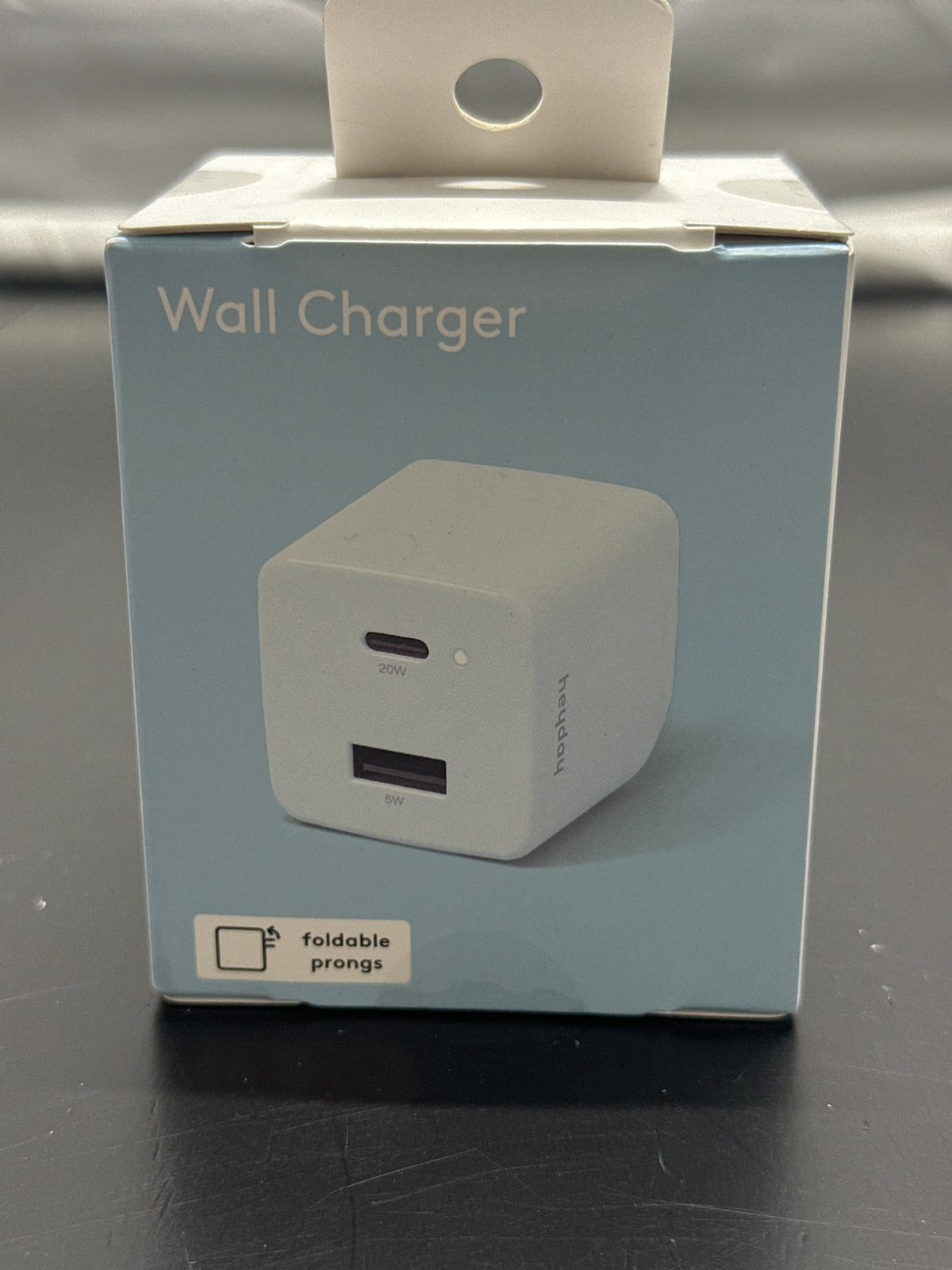 heyday blue 25W dual-port wall charger retail box showing USB-C and USB-A ports