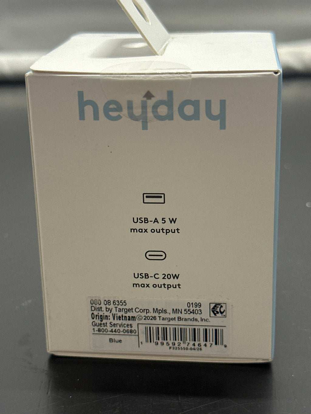 heyday blue 25W dual-port wall charger retail box back with specifications and barcode
