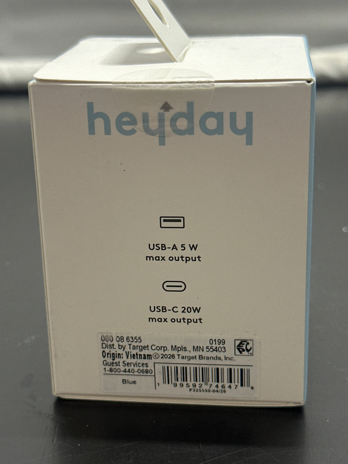 heyday blue 25W dual-port wall charger retail box back with specifications and barcode