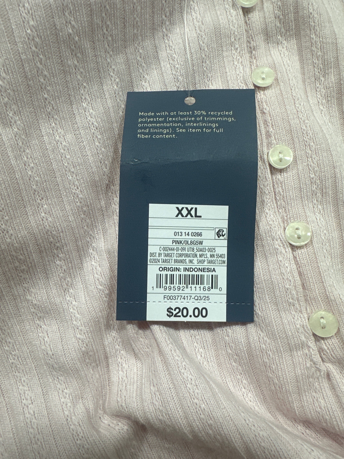 Universal Thread women's pink pointelle henley shirt size and barcode tag