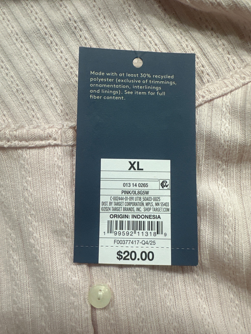 Universal Thread women's pink pointelle henley shirt size and barcode tag