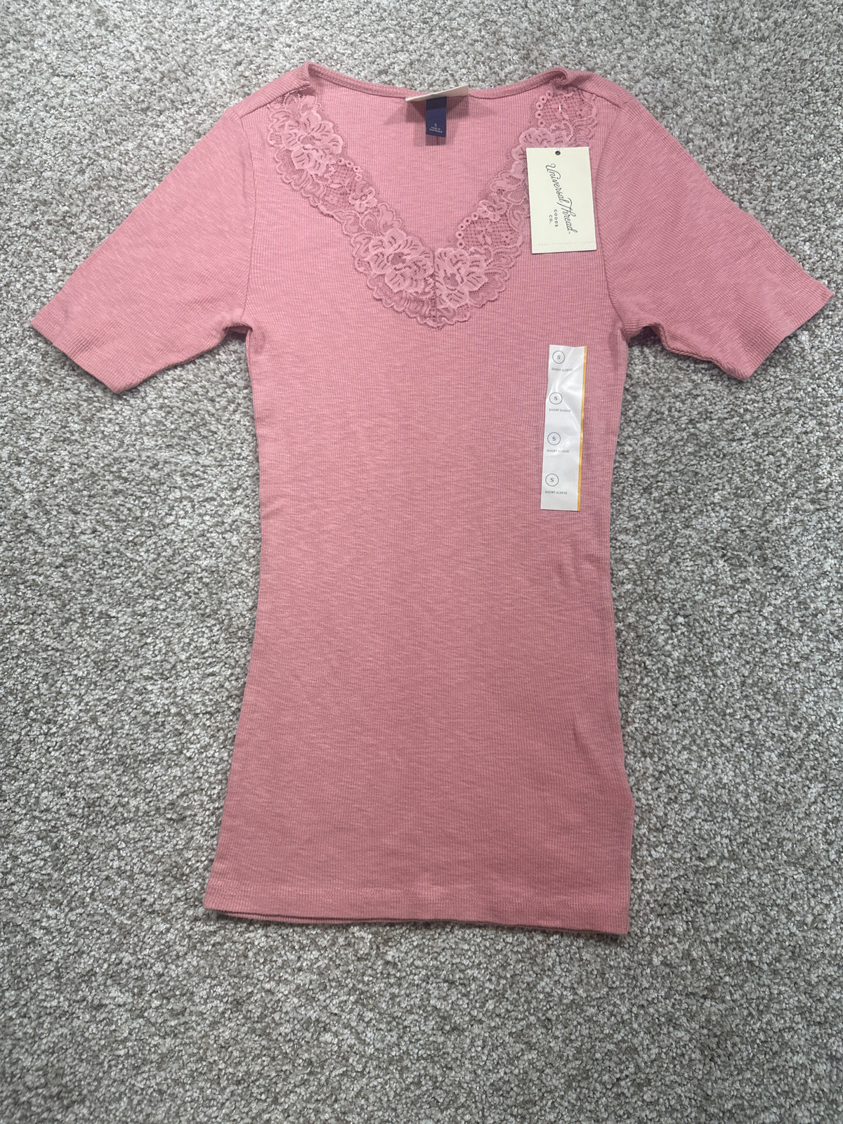 Universal Thread women's pink lace-trim ribbed mini dress front