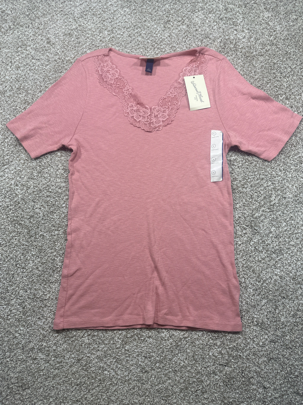 Universal Thread women's pink lace-trim ribbed short sleeve T-shirt front