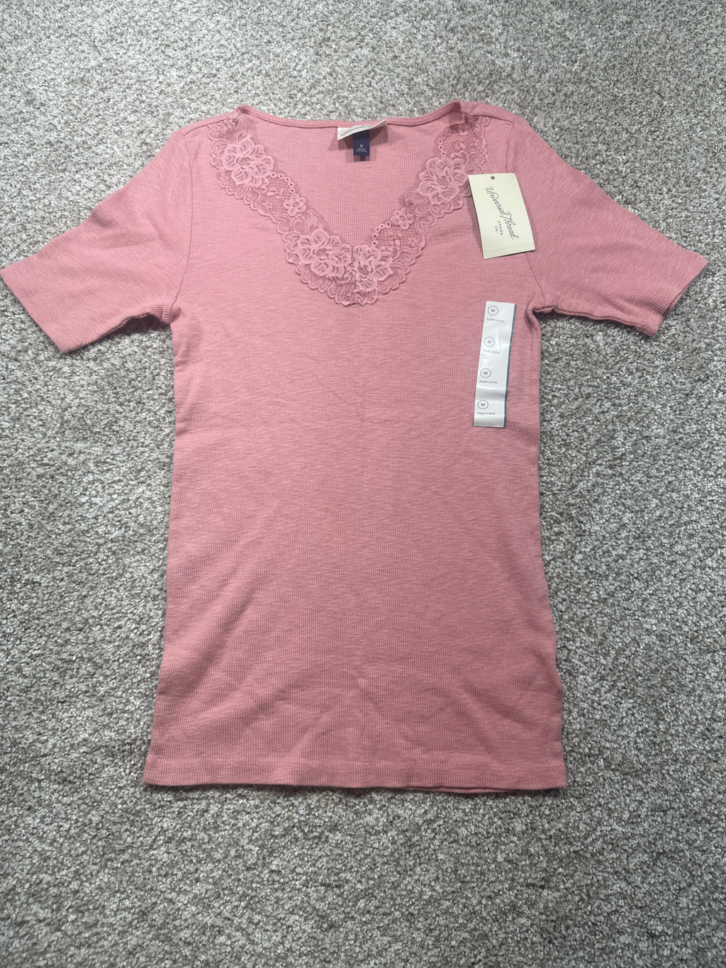 Universal Thread women's pink lace-trim ribbed short sleeve T-shirt front