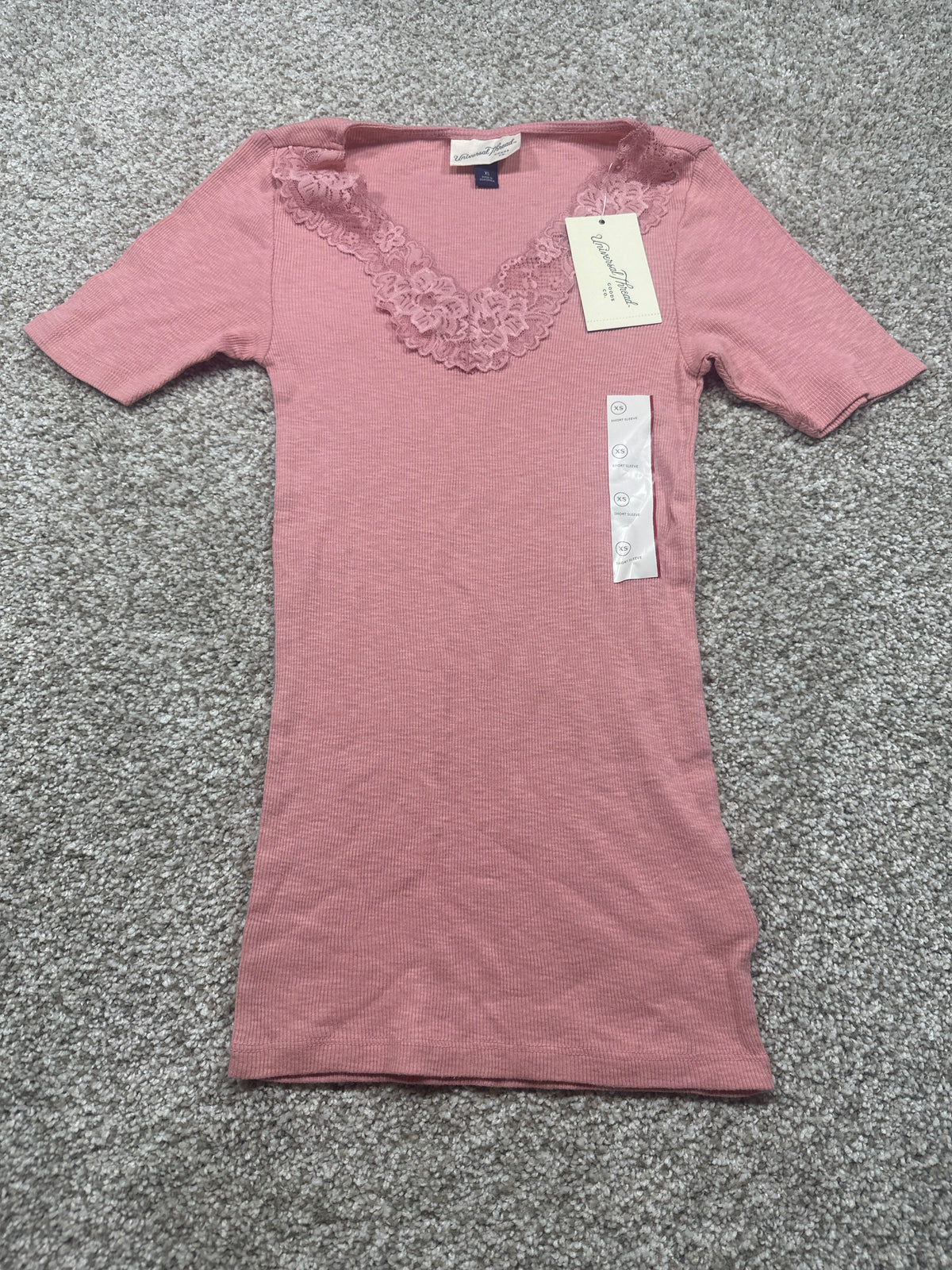 Universal Thread women's pink lace-trim ribbed short sleeve T-shirt front