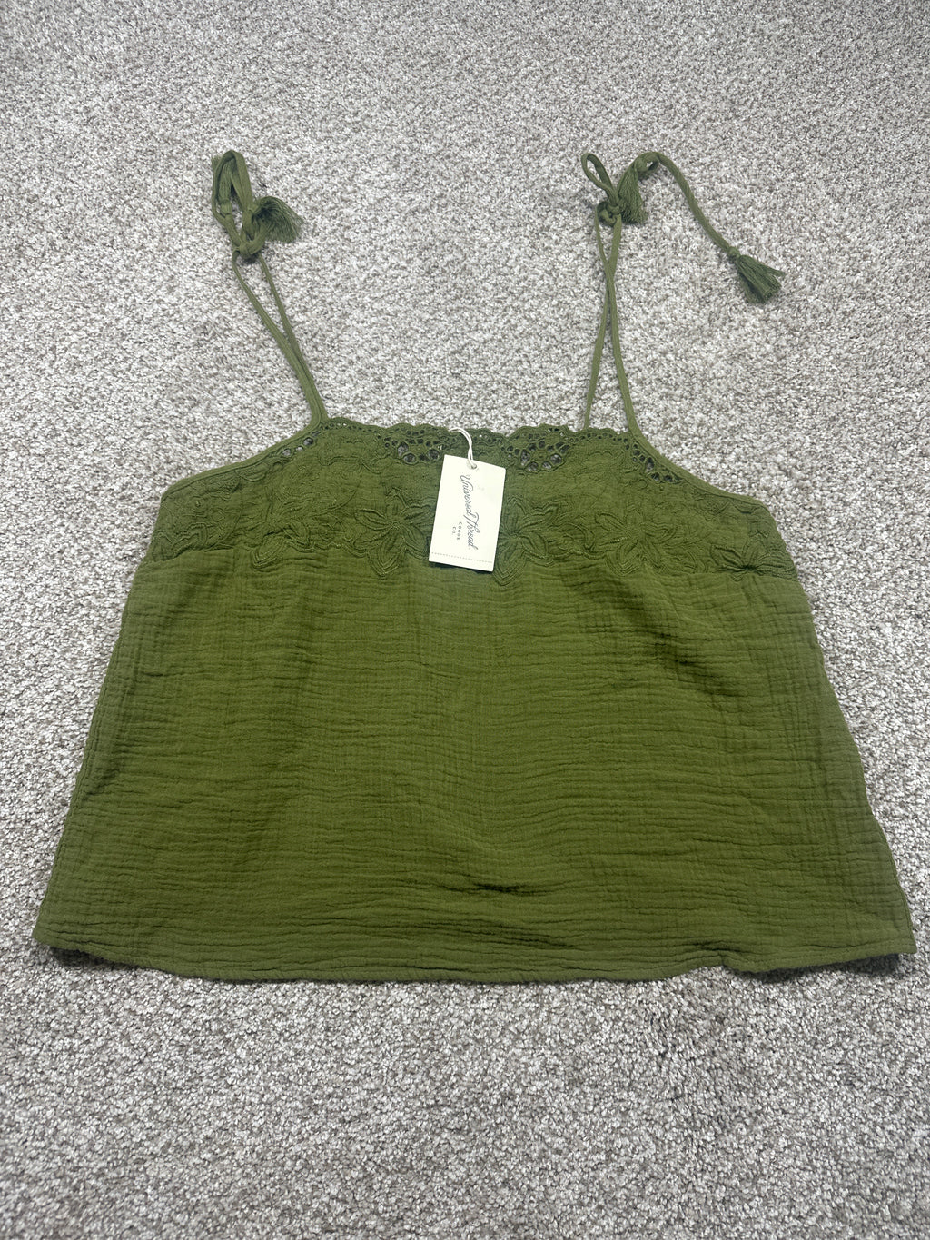 Universal Thread women's olive green lace-trim cotton gauze tie-strap tank top front