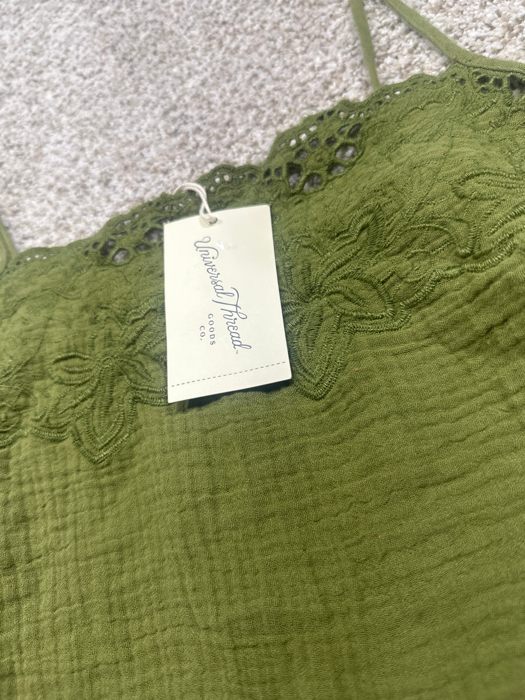 Universal Thread women's olive green lace-trim cotton gauze tie-strap tank top neckline