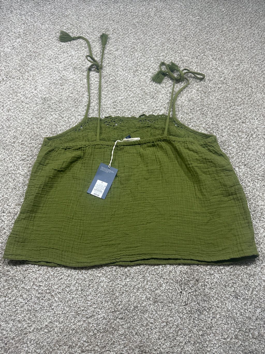 Universal Thread women's olive green lace-trim cotton gauze tie-strap tank top back