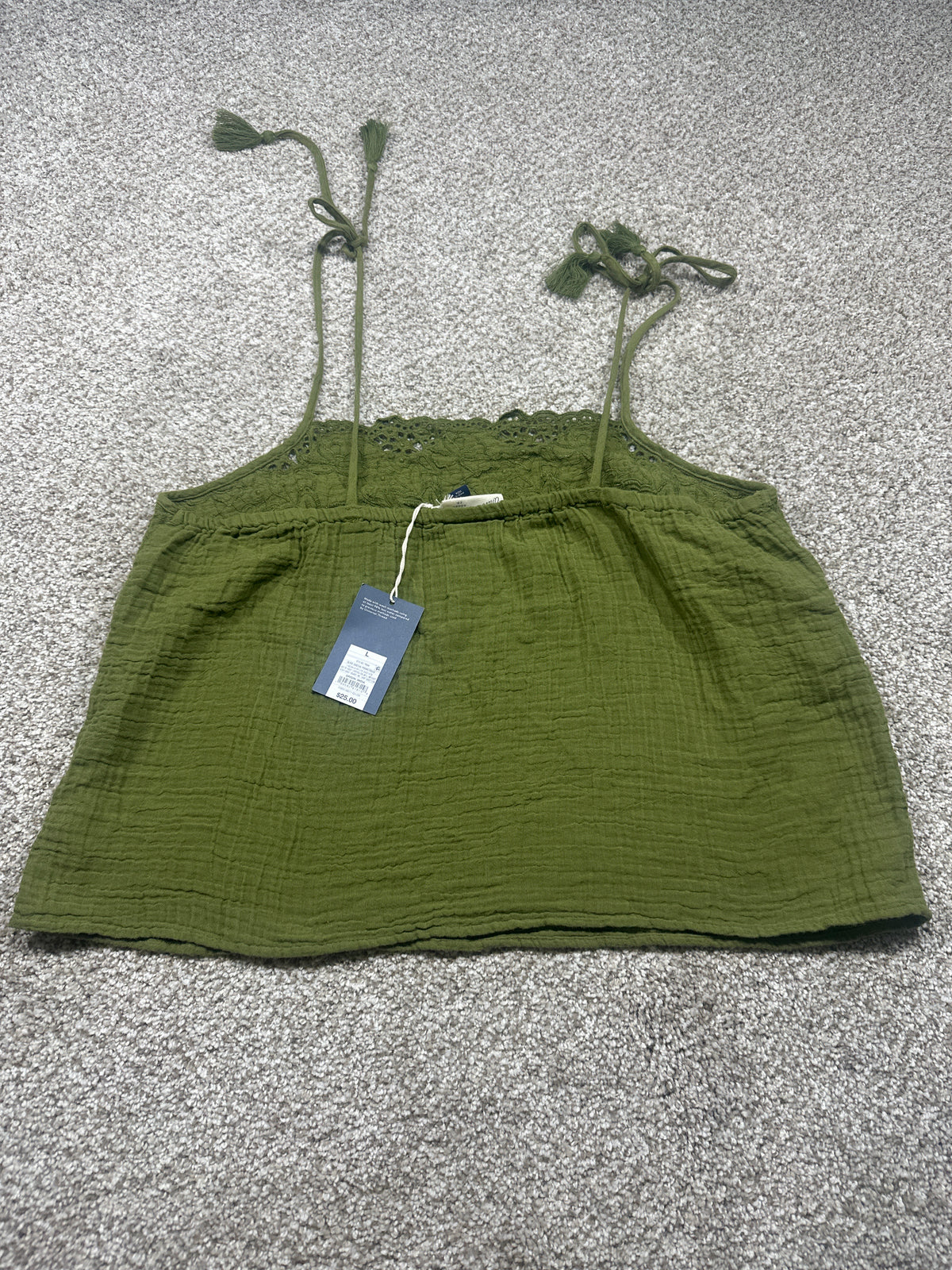 Universal Thread women's olive green lace-trim cotton gauze tie-strap tank top back