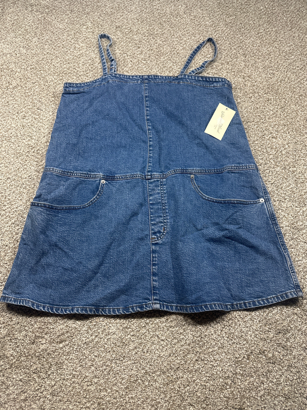 Universal Thread women’s medium wash denim pinafore mini dress, front view
