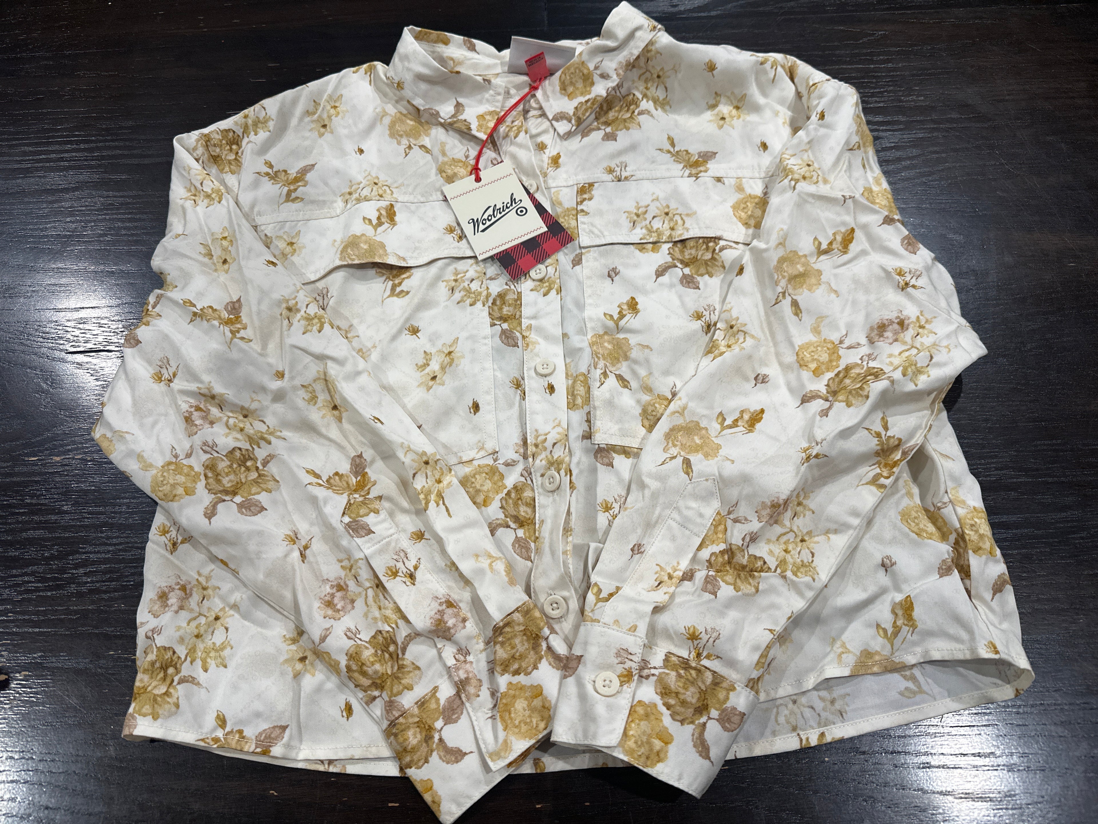 Woolrich Women's Floral Utility Shirt Button Up White Yellow Long Sleeve