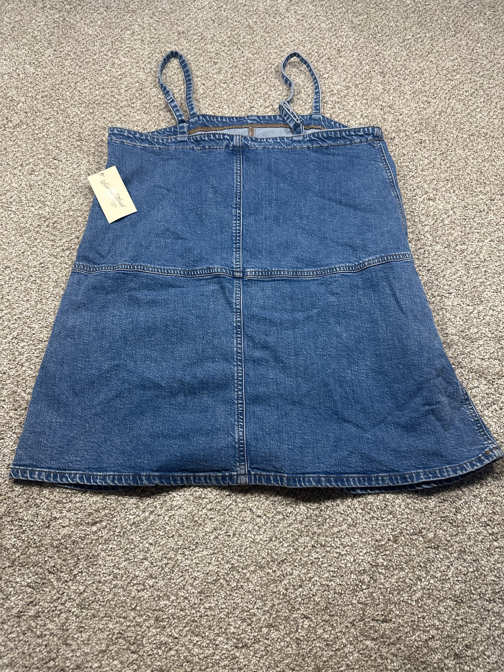 Universal Thread women’s medium wash denim pinafore mini dress, back view
