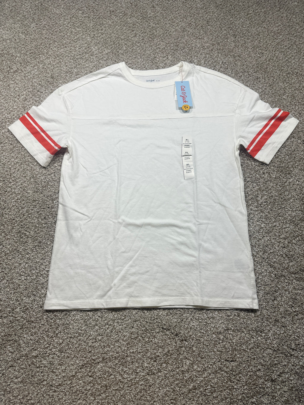 Cat & Jack Boys White Oversized Varsity Stripe Short Sleeve T-Shirt XL 14 NWT