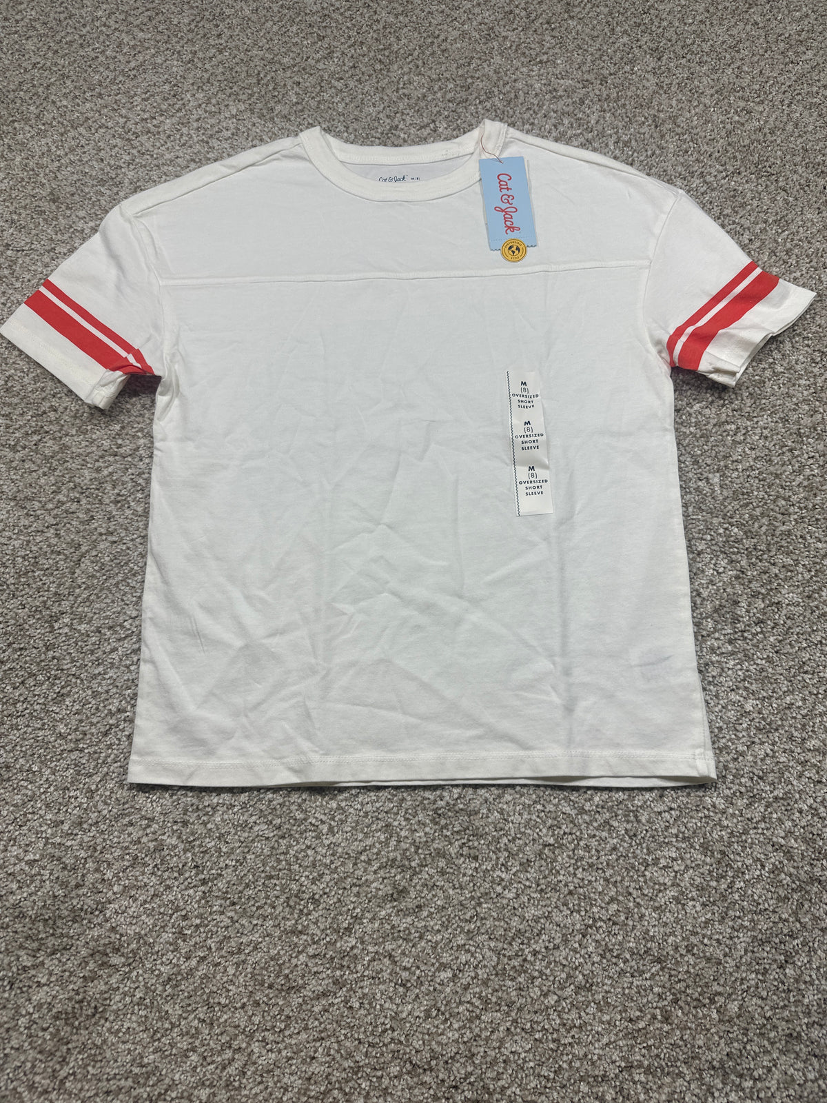 Cat & Jack Boys White Oversized Varsity Stripe Short Sleeve T-Shirt M 8 NWT