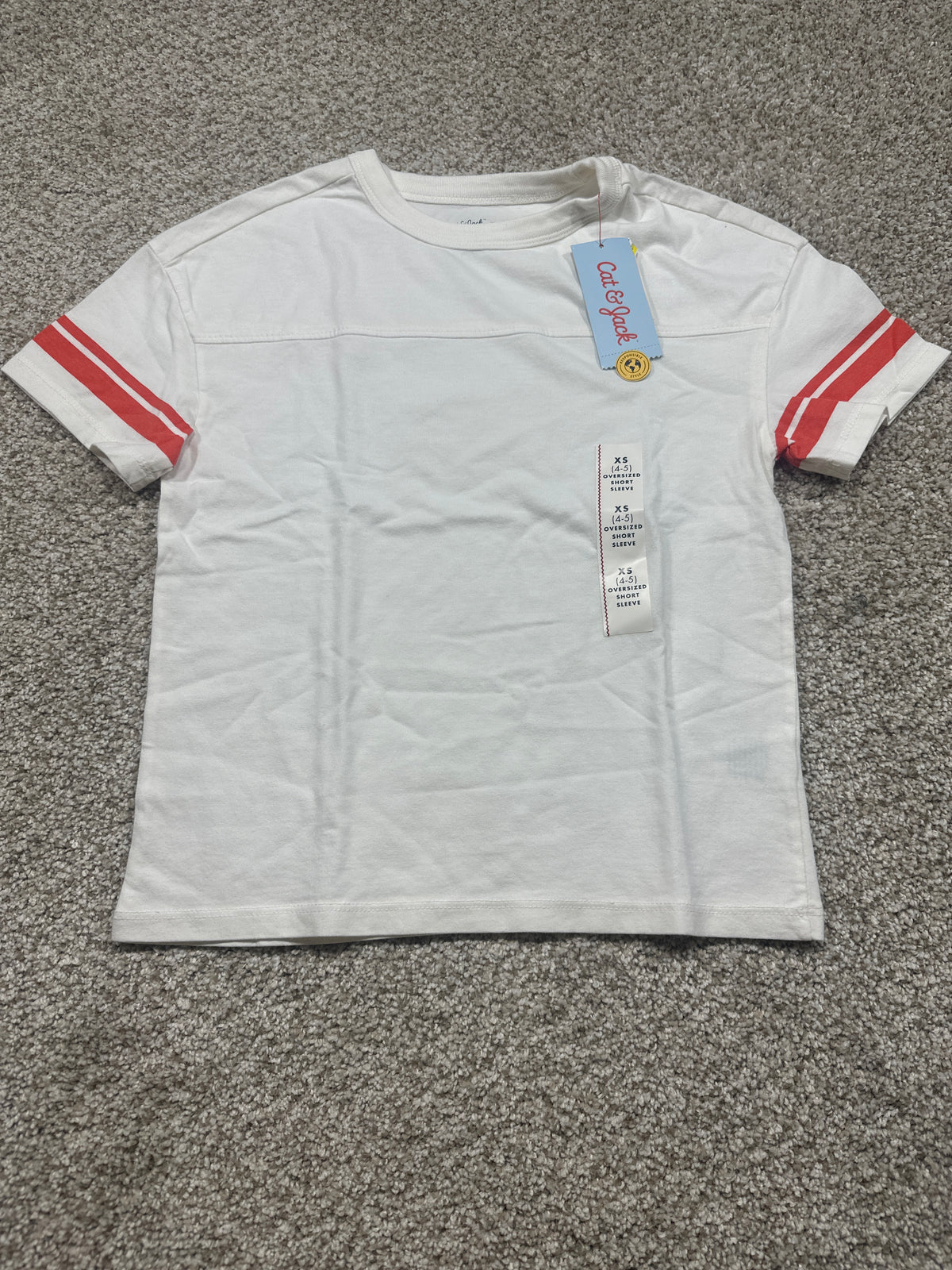 Cat & Jack Boys White Oversized Varsity Stripe Short Sleeve T-Shirt XS 4/5 NWT