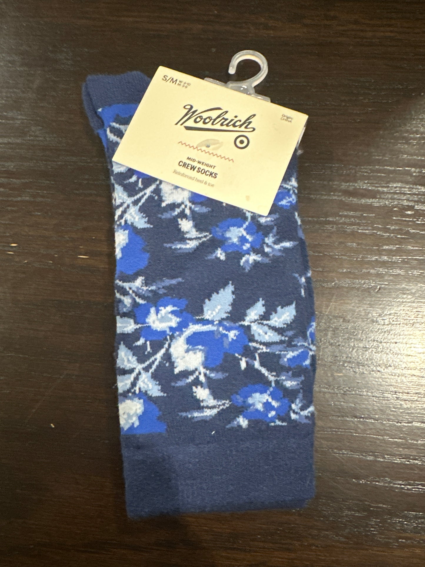 Woolrich Crew Socks Mid Weight Floral Pattern Blue S/M