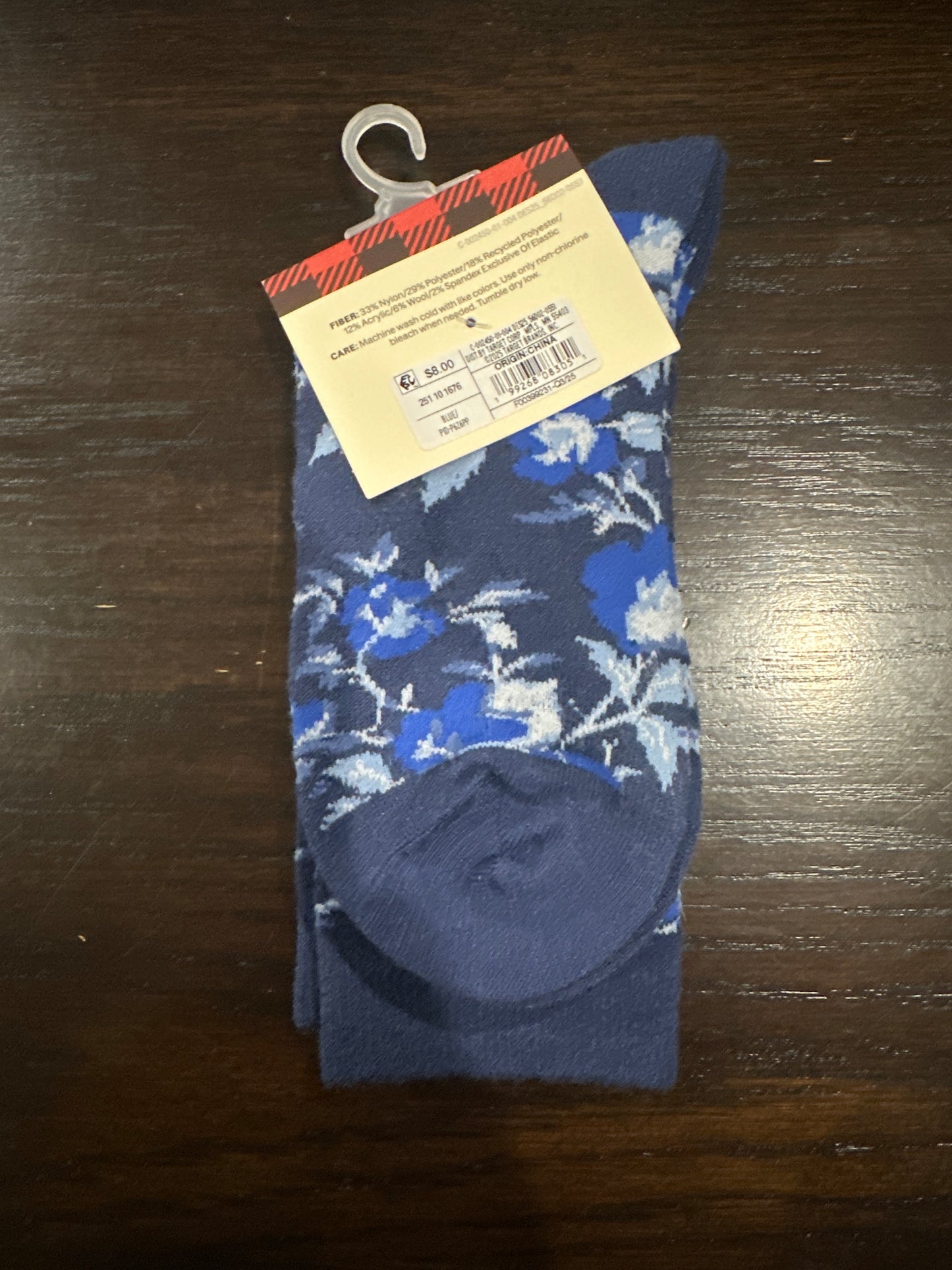 Woolrich Crew Socks Mid Weight Floral Pattern Blue S/M