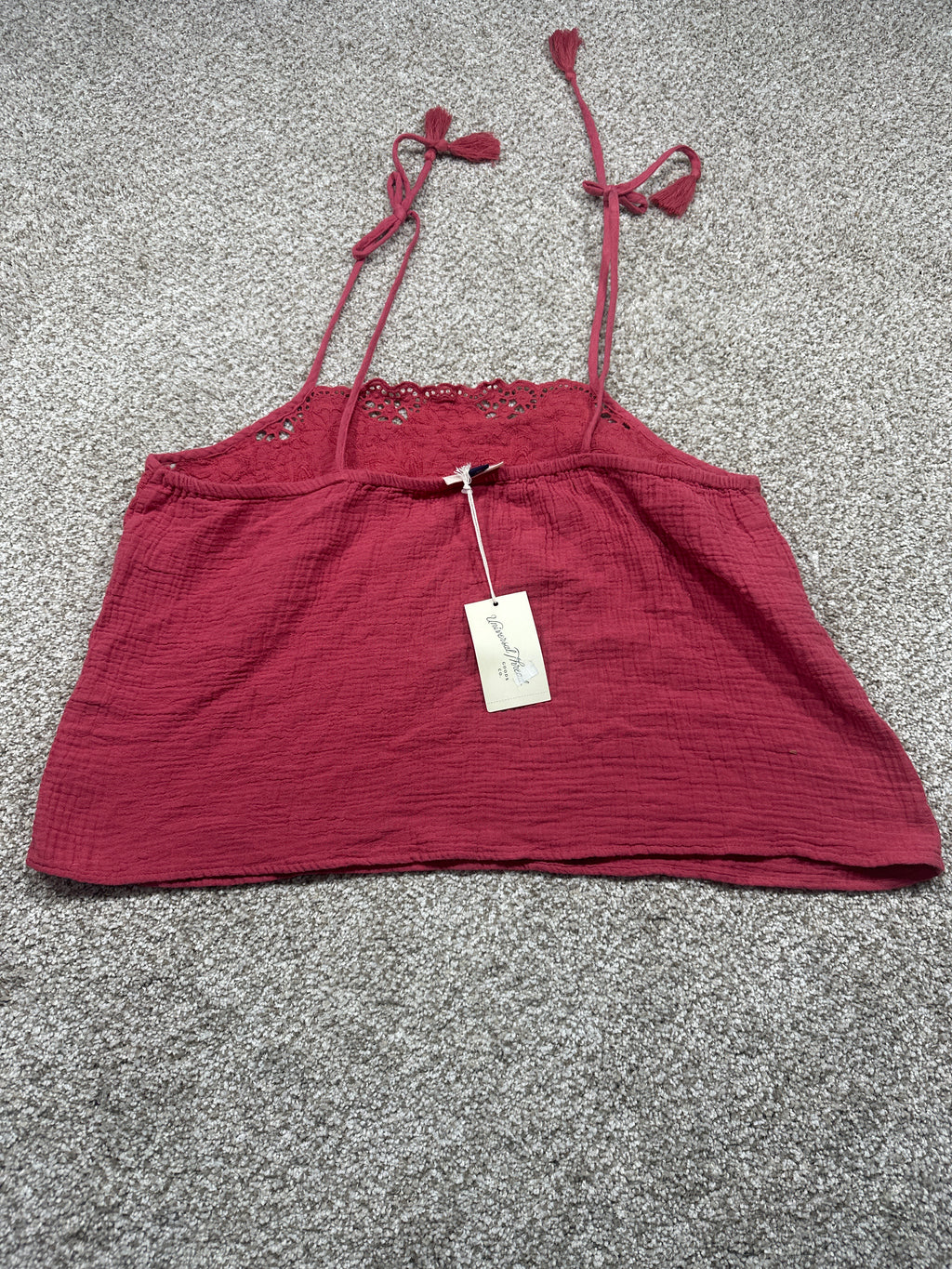 Universal Thread women’s berry red cotton gauze lace trim cami back view
