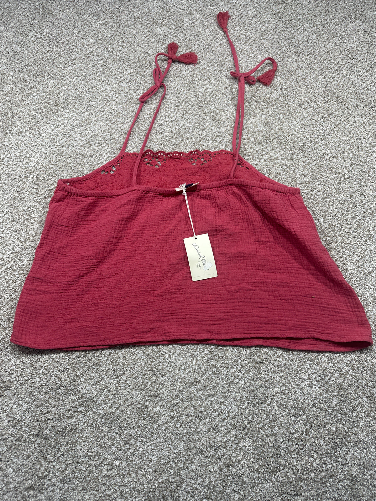 Universal Thread women’s berry red cotton gauze lace trim cami back view