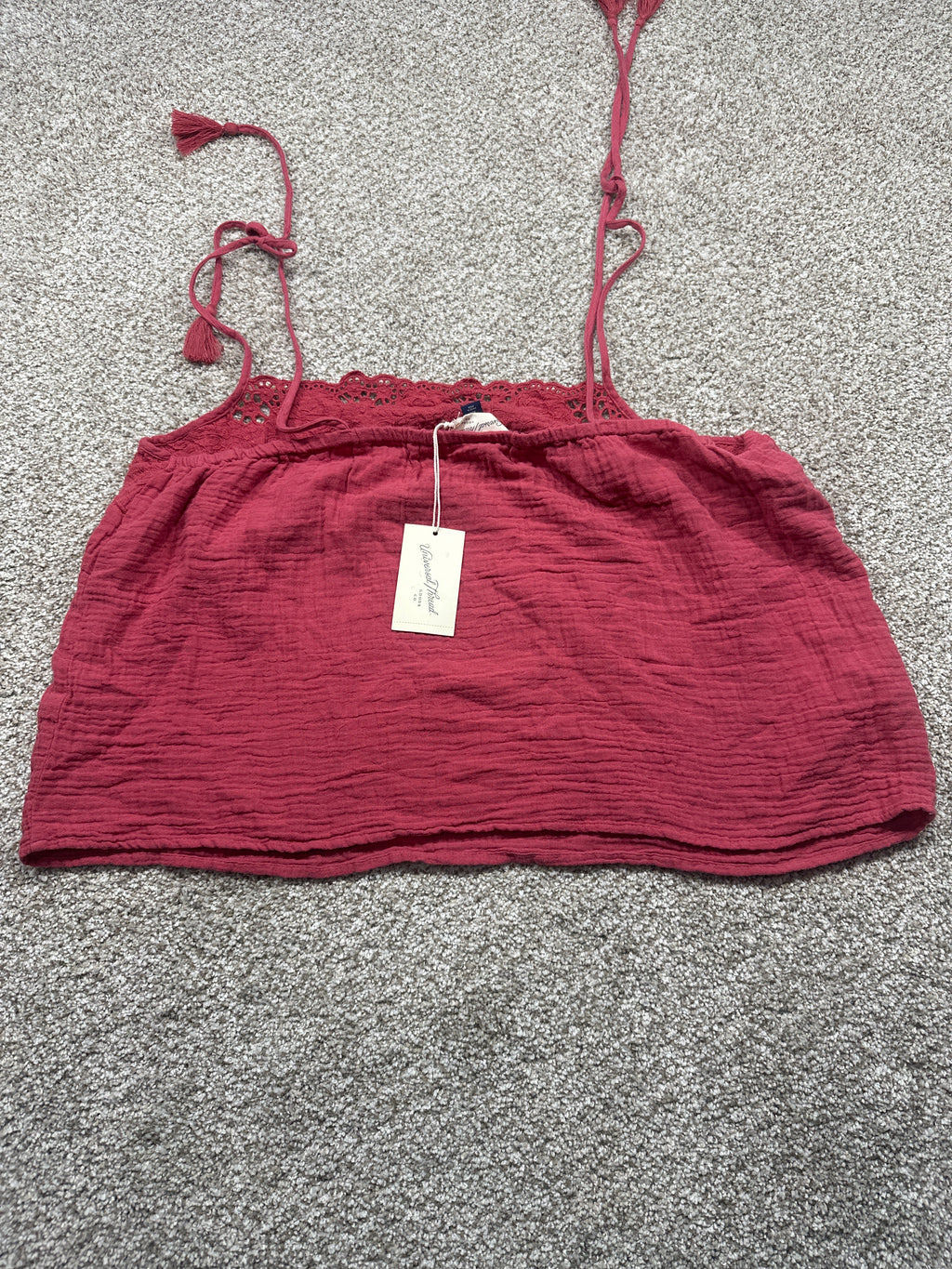 Universal Thread women’s berry red cotton gauze lace trim cami back view