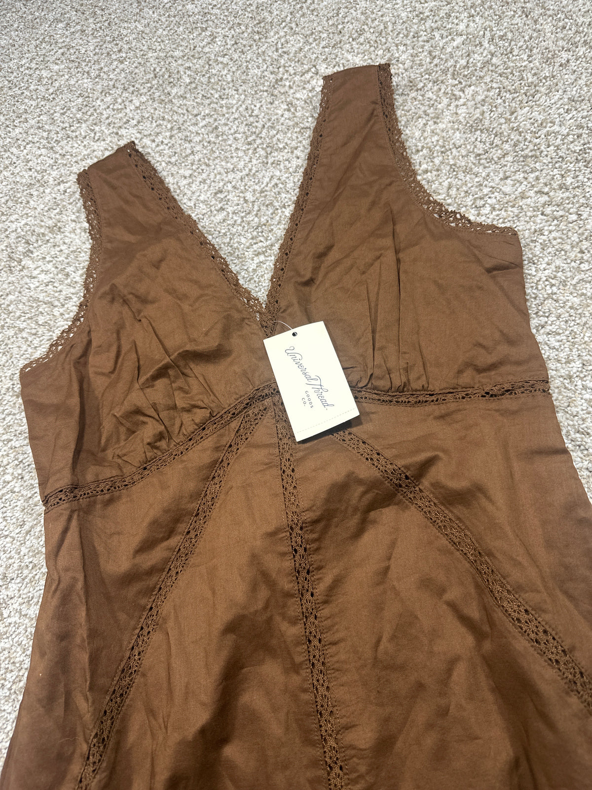 Universal Thread brown maxi dress lace trim bodice detail