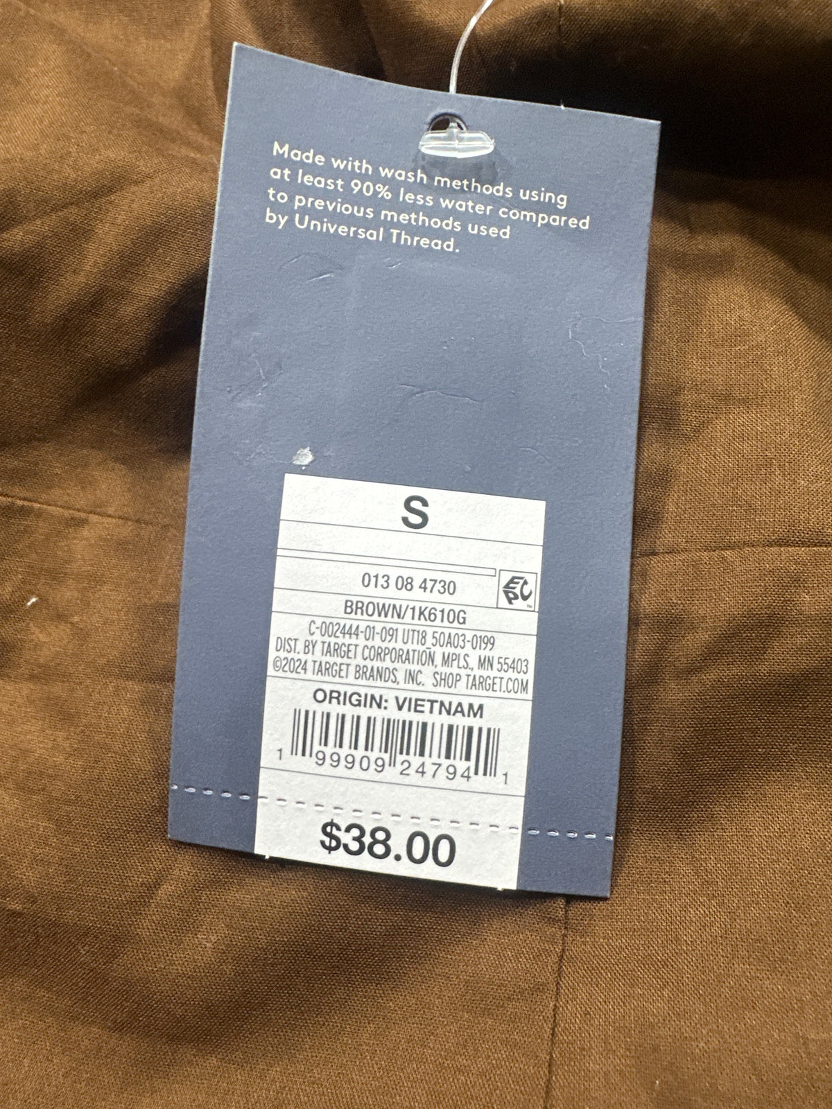 Universal Thread brown maxi dress retail tag showing size S and UPC