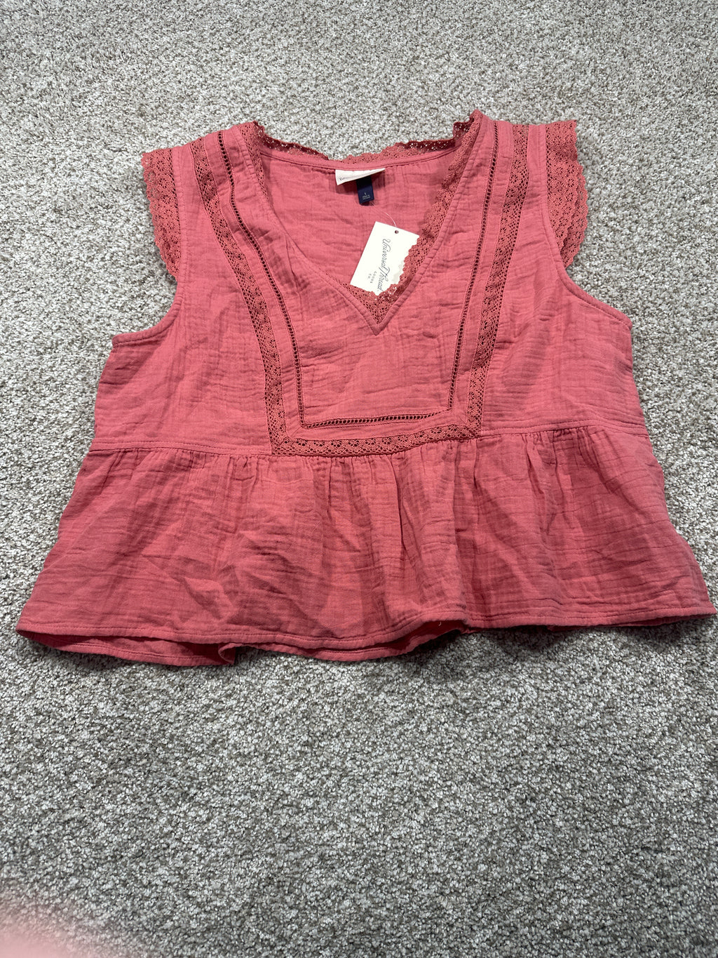 Universal Thread women’s pink crochet trim flutter sleeve blouse front view