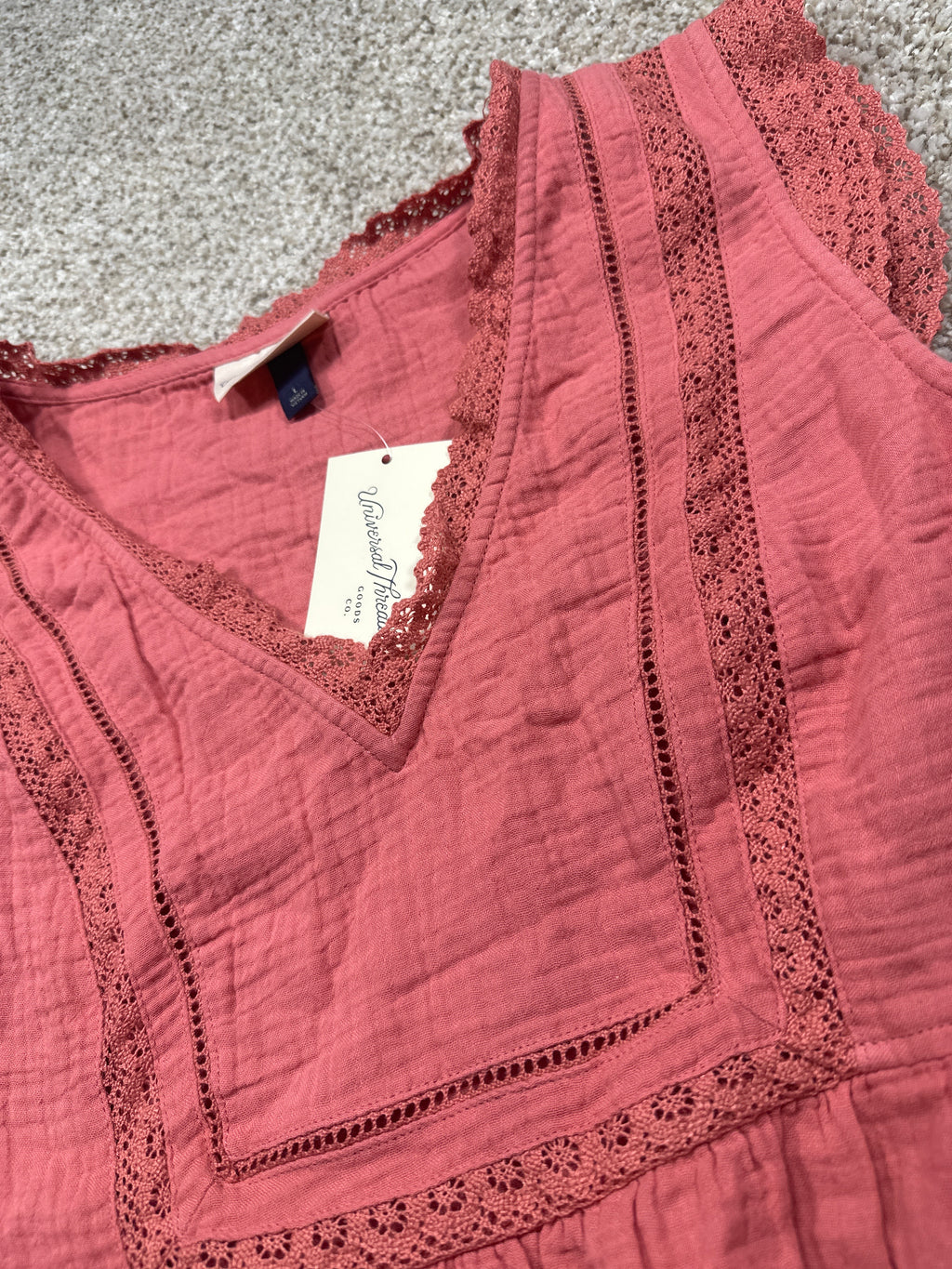 Universal Thread pink blouse V-neck and crochet trim detail