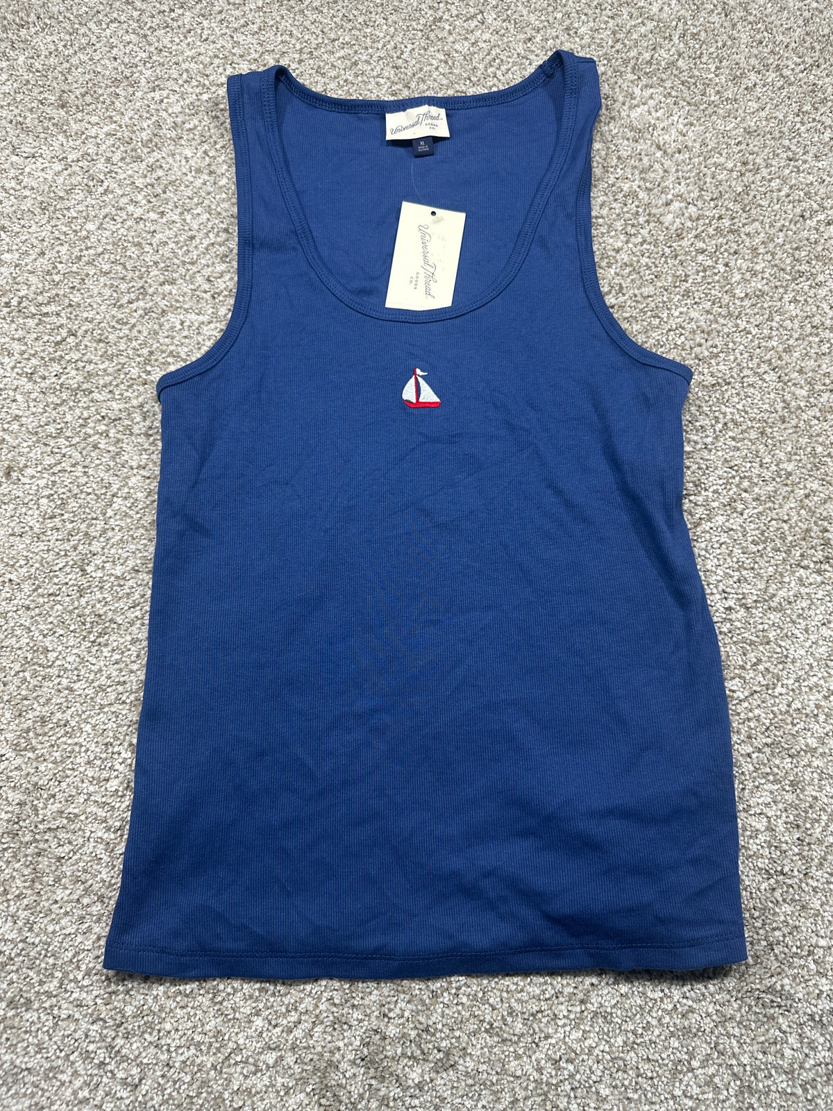 Universal Thread women’s navy ribbed sailboat embroidered tank top front view