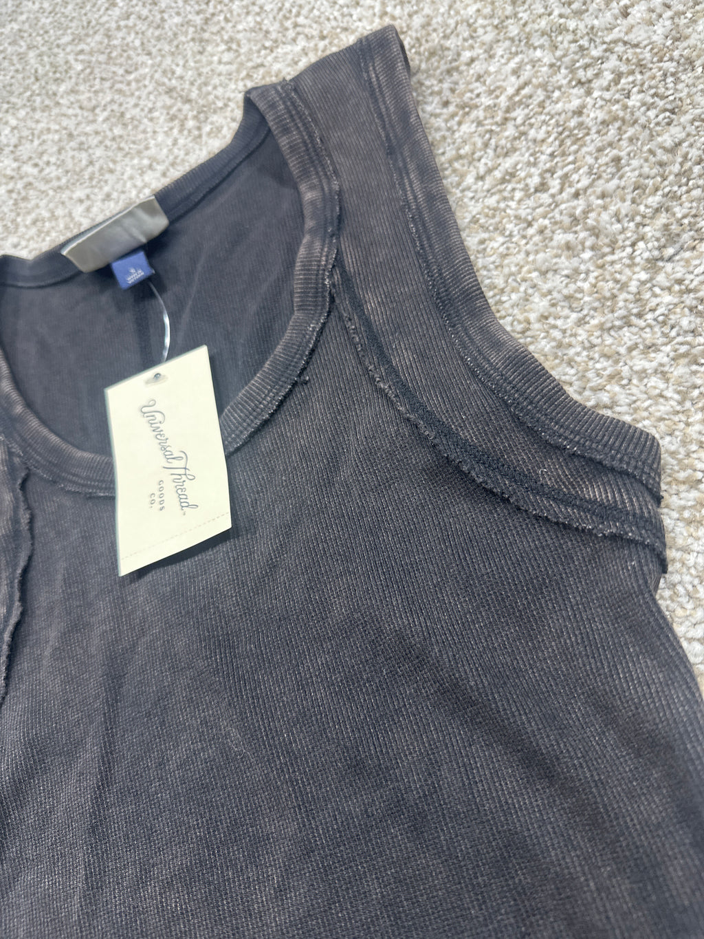 Universal Thread black washed ribbed tank top neckline and seam detail