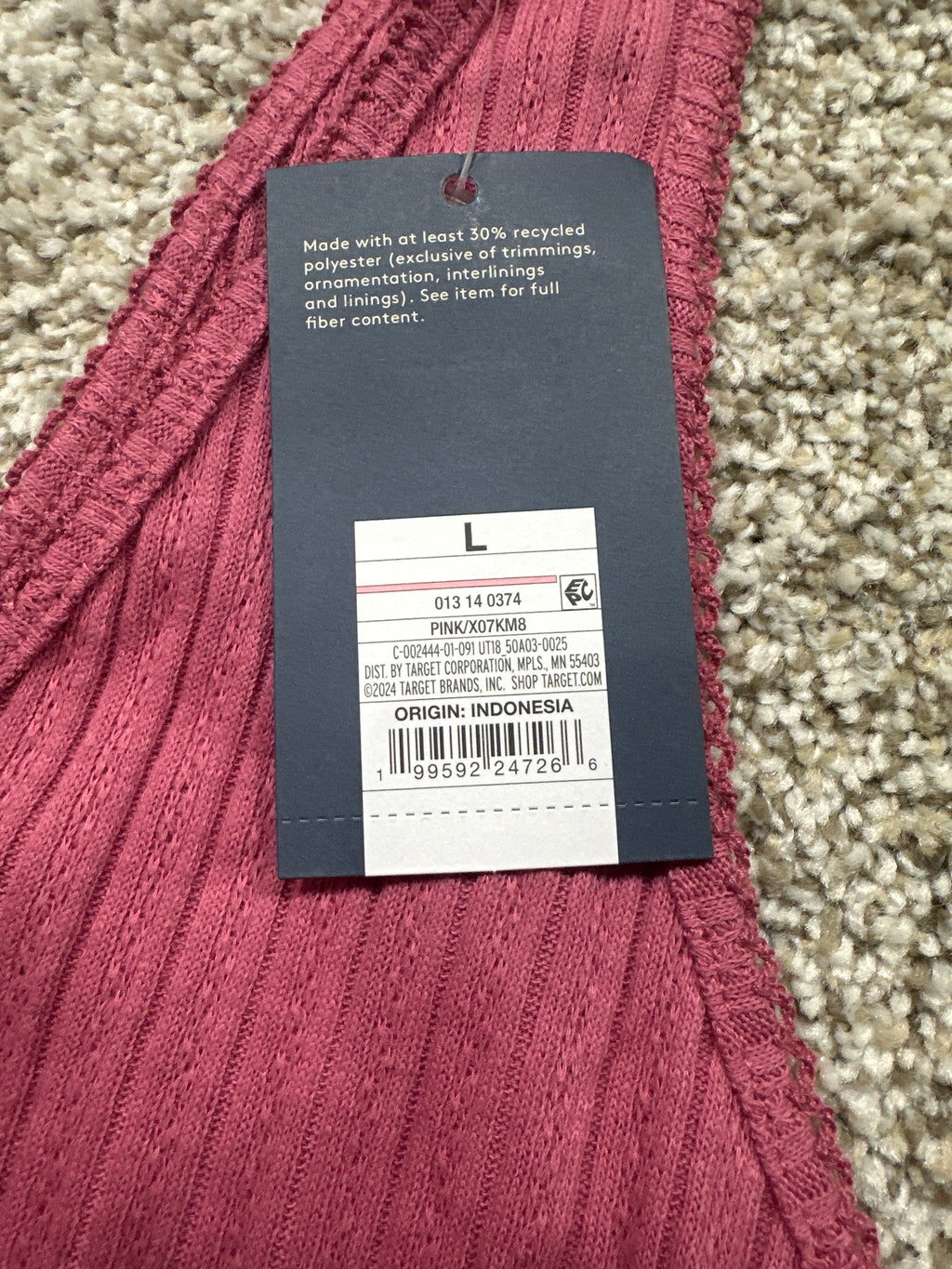 Universal Thread women's pink pointelle ribbed tank top barcode and size tag