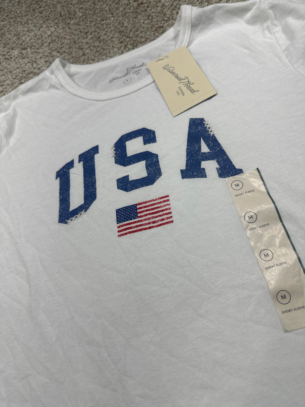 Universal Thread women's white USA flag graphic T-shirt neckline