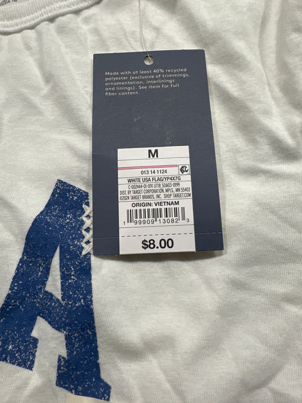Universal Thread women's white USA flag graphic T-shirt barcode and size tag