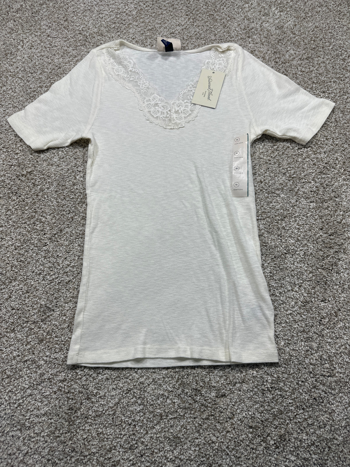 Universal Thread women's cream lace trim ribbed T-shirt front