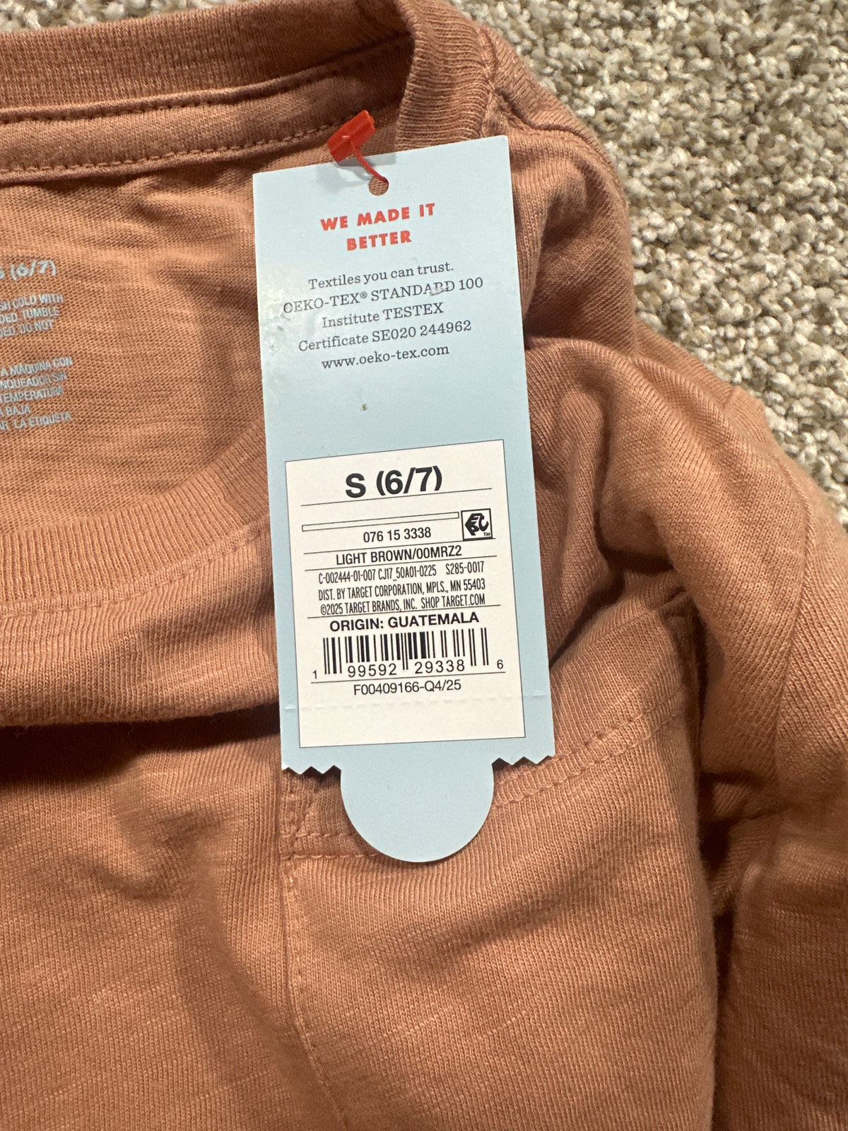 Cat & Jack boys light brown pocket T-shirt original retail tag with UPC