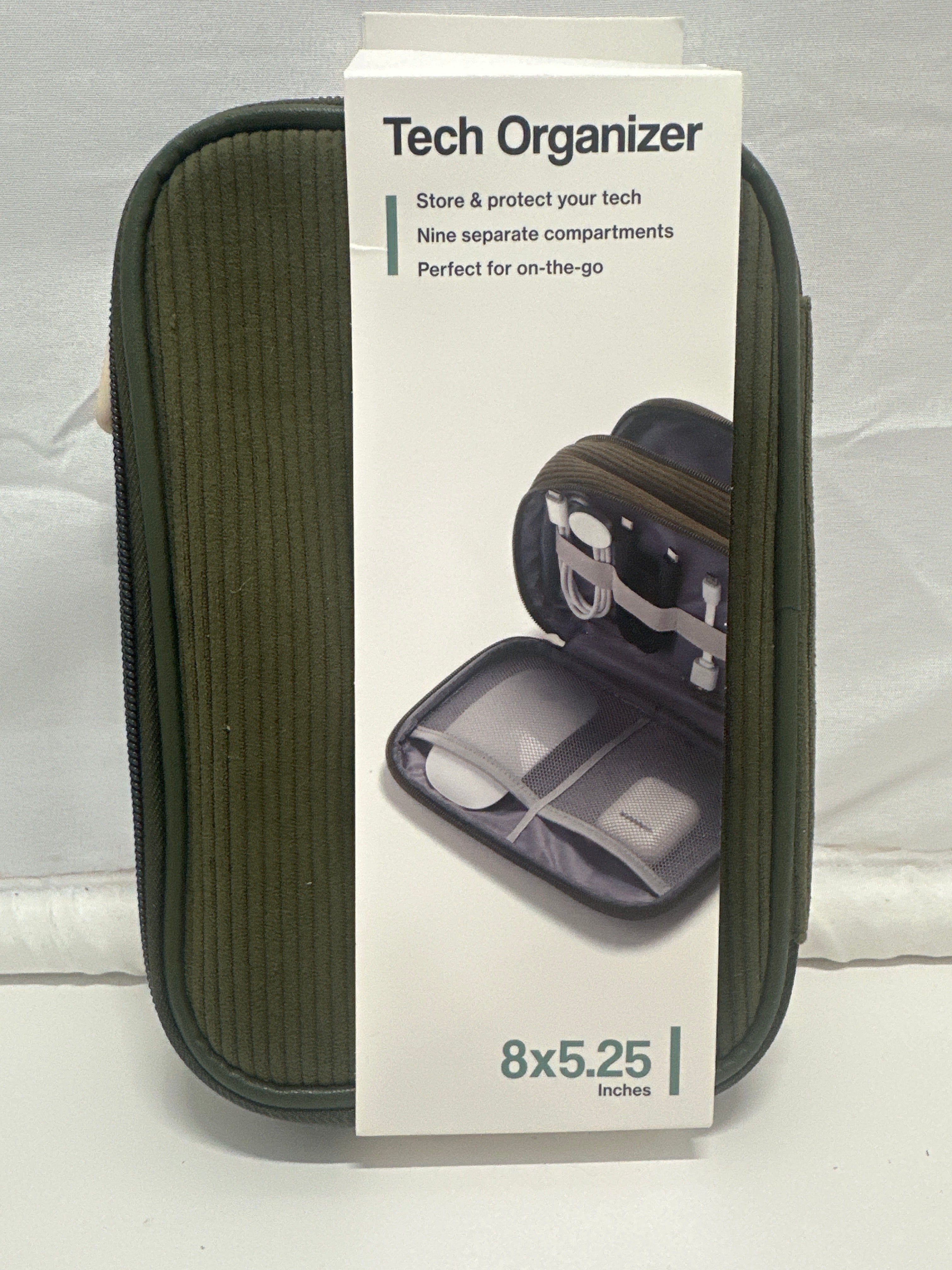 U Brands Tech Organizer Case Green Corduroy Travel Cable Accessory Storage