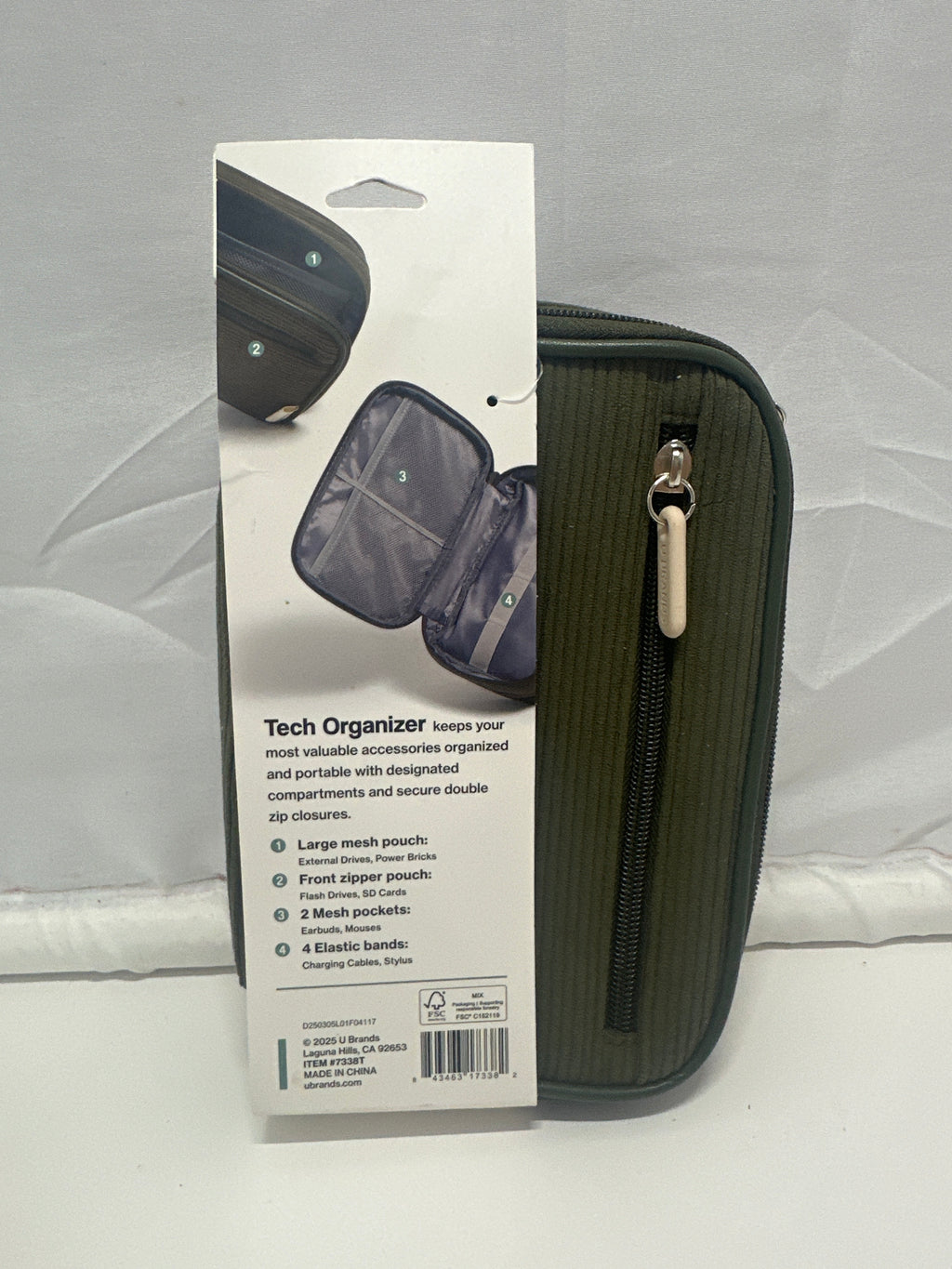 U Brands Tech Organizer Case Green Corduroy Travel Cable Accessory Storage