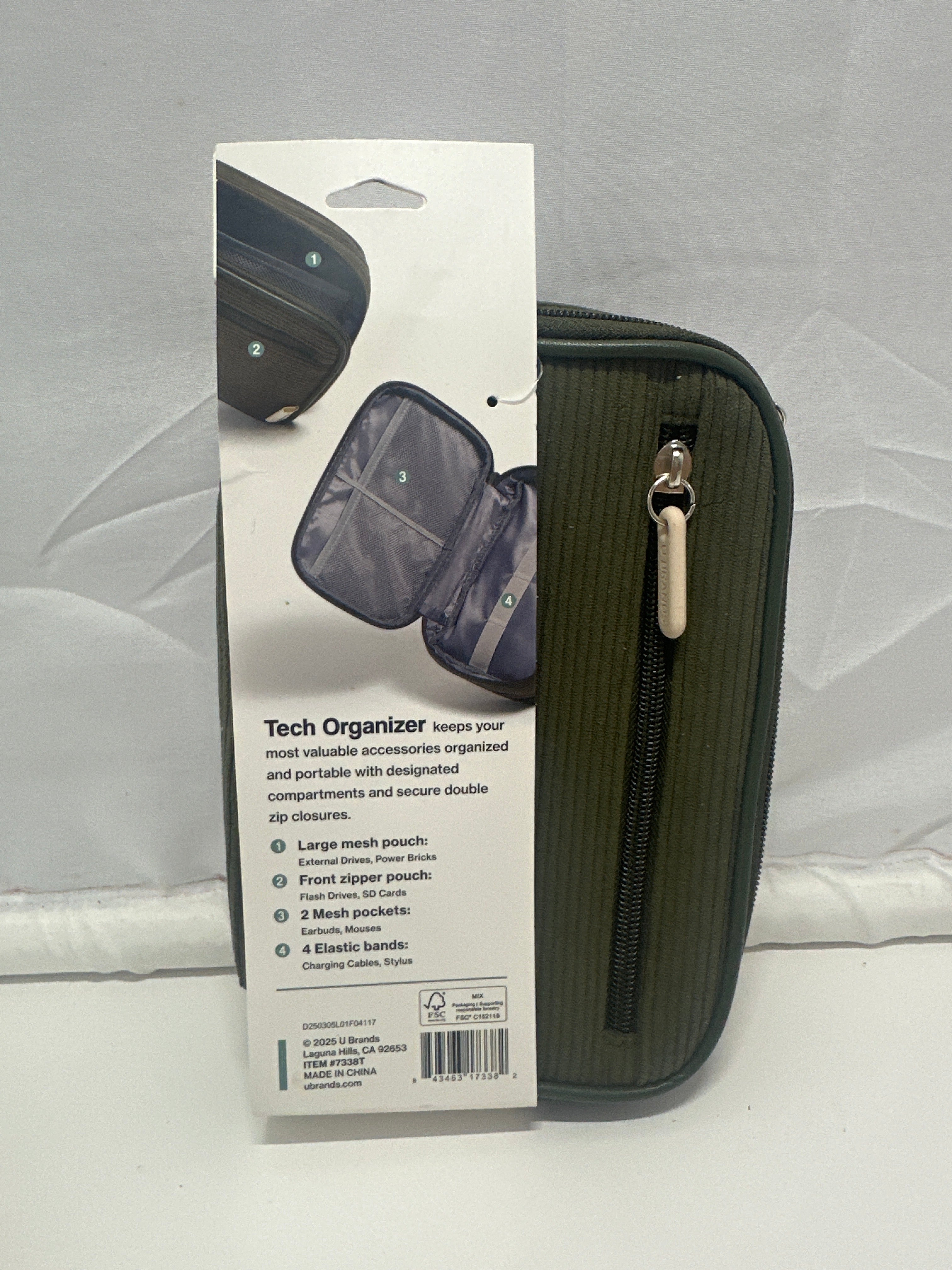 U Brands Tech Organizer Case Green Corduroy Travel Cable Accessory Storage