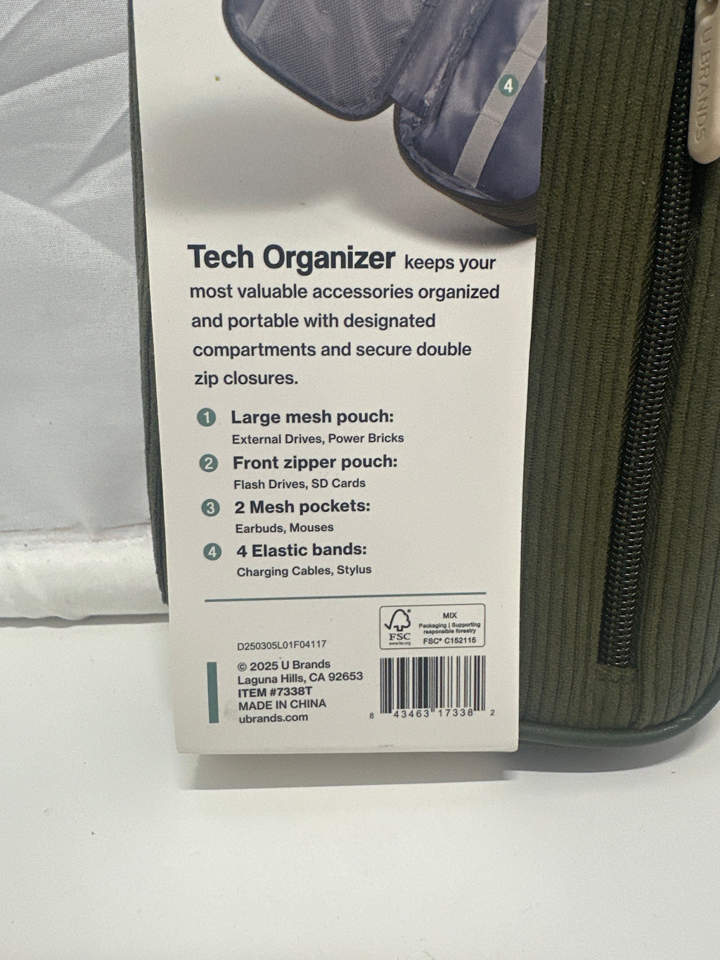 U Brands Tech Organizer Case Green Corduroy Travel Cable Accessory Storage