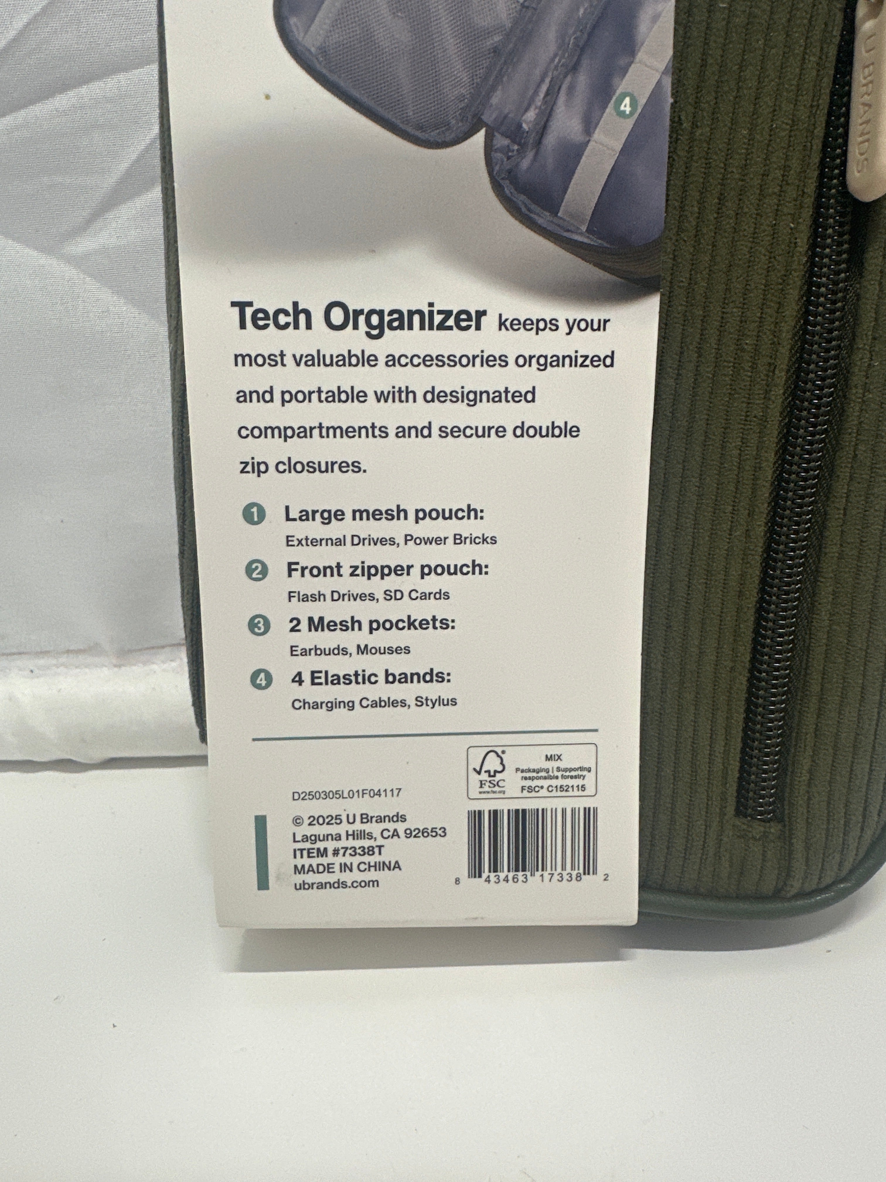 U Brands Tech Organizer Case Green Corduroy Travel Cable Accessory Storage