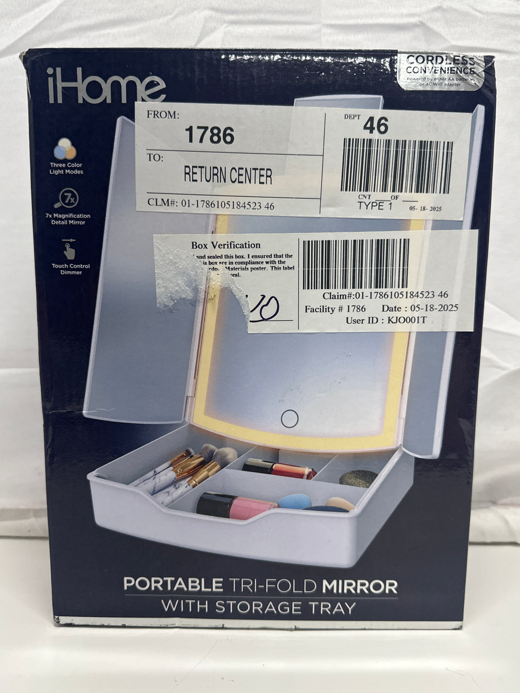 iHome LED Tri Fold Makeup Mirror w Lights 7x Magnification Touch Dimmer Storage