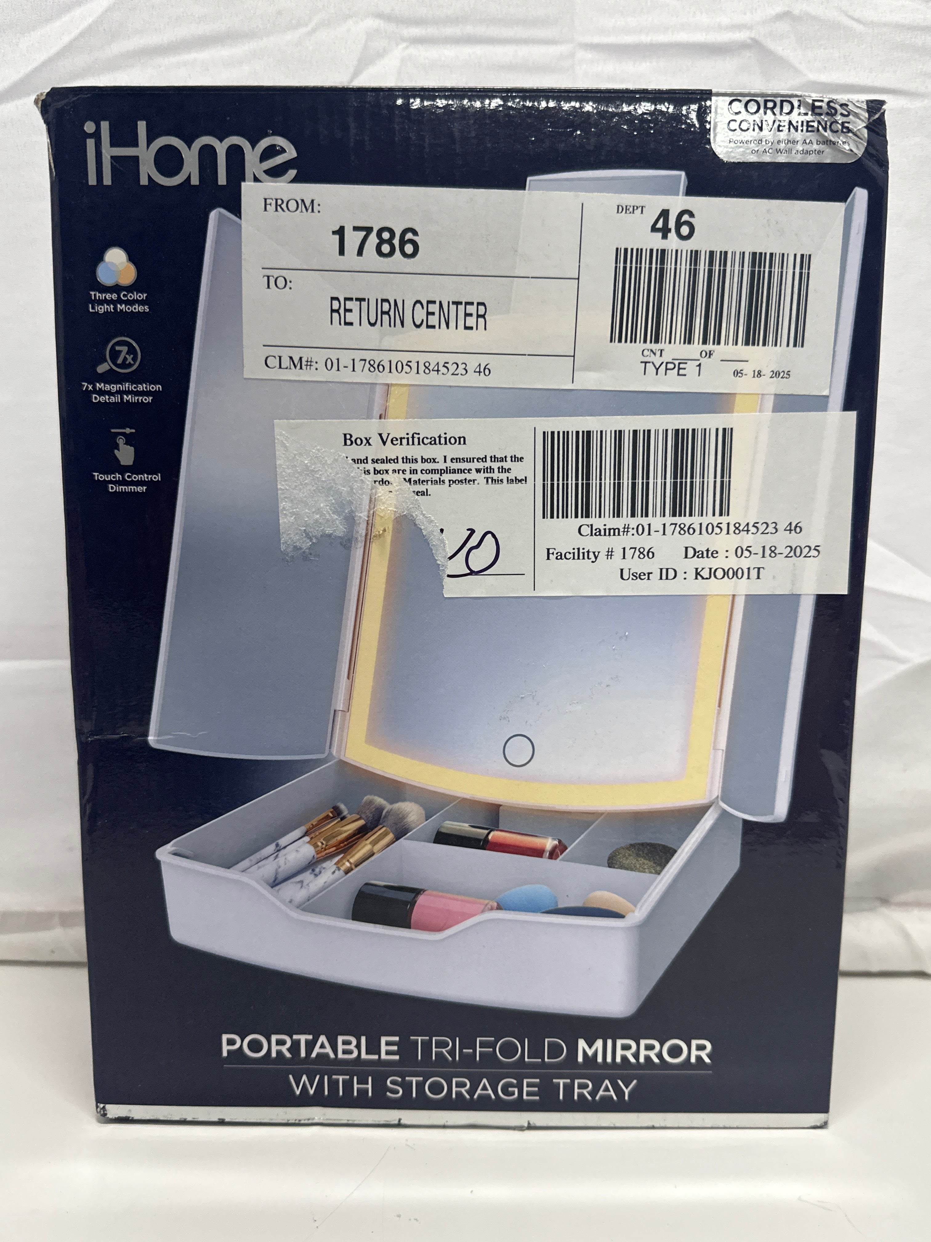 iHome LED Tri Fold Makeup Mirror w Lights 7x Magnification Touch Dimmer Storage