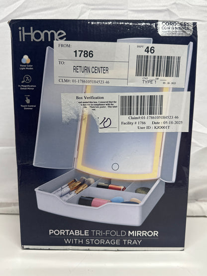 iHome LED Tri Fold Makeup Mirror w Lights 7x Magnification Touch Dimmer Storage