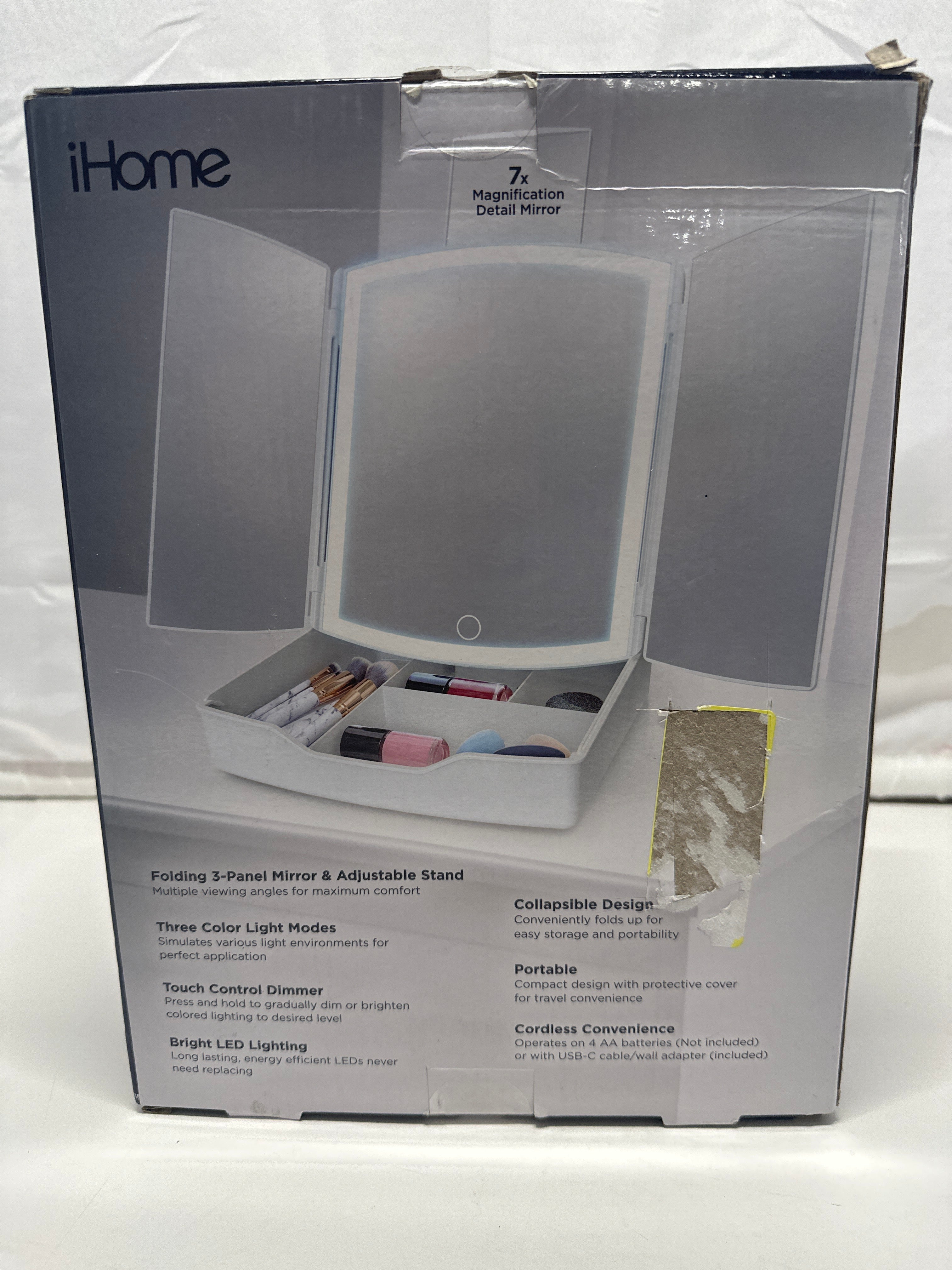 iHome LED Tri Fold Makeup Mirror w Lights 7x Magnification Touch Dimmer Storage