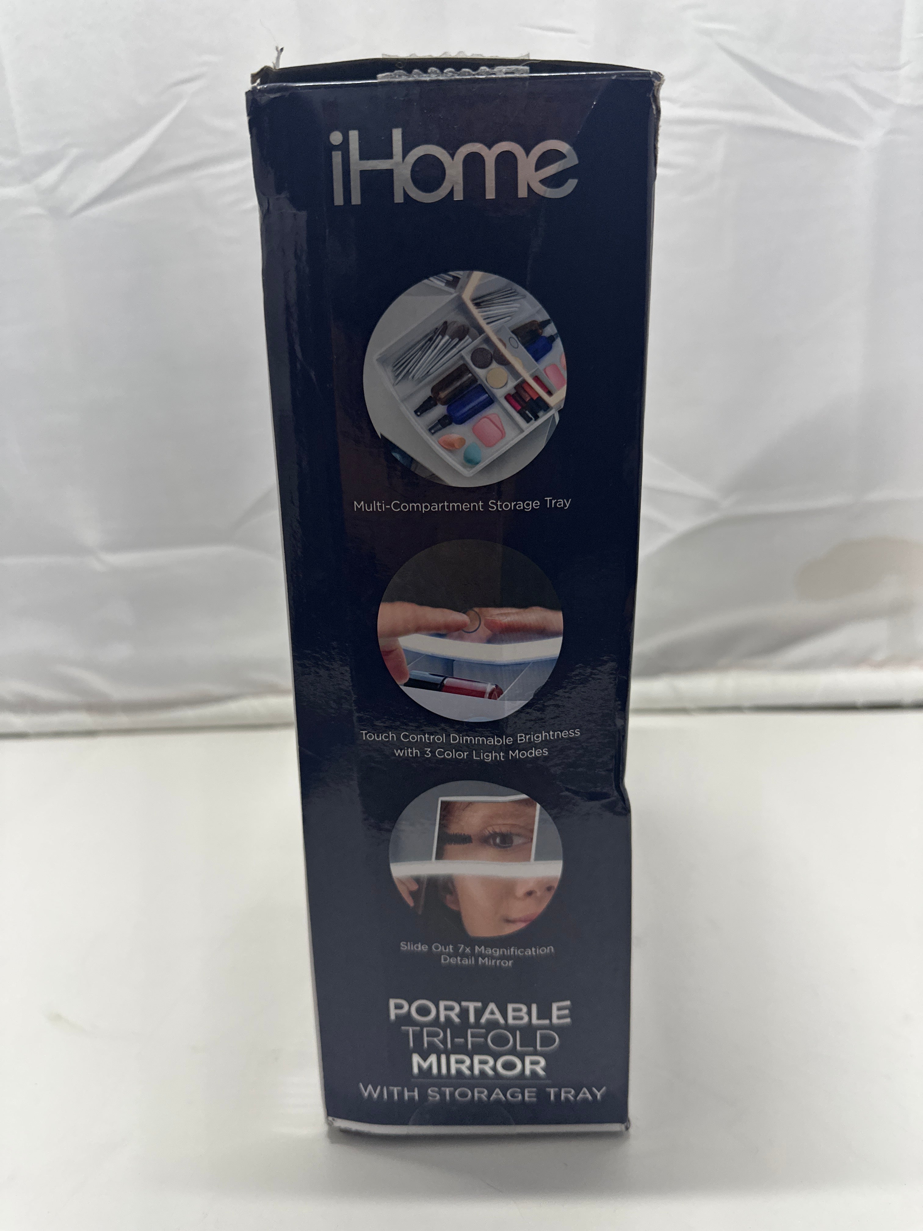 iHome LED Tri Fold Makeup Mirror w Lights 7x Magnification Touch Dimmer Storage