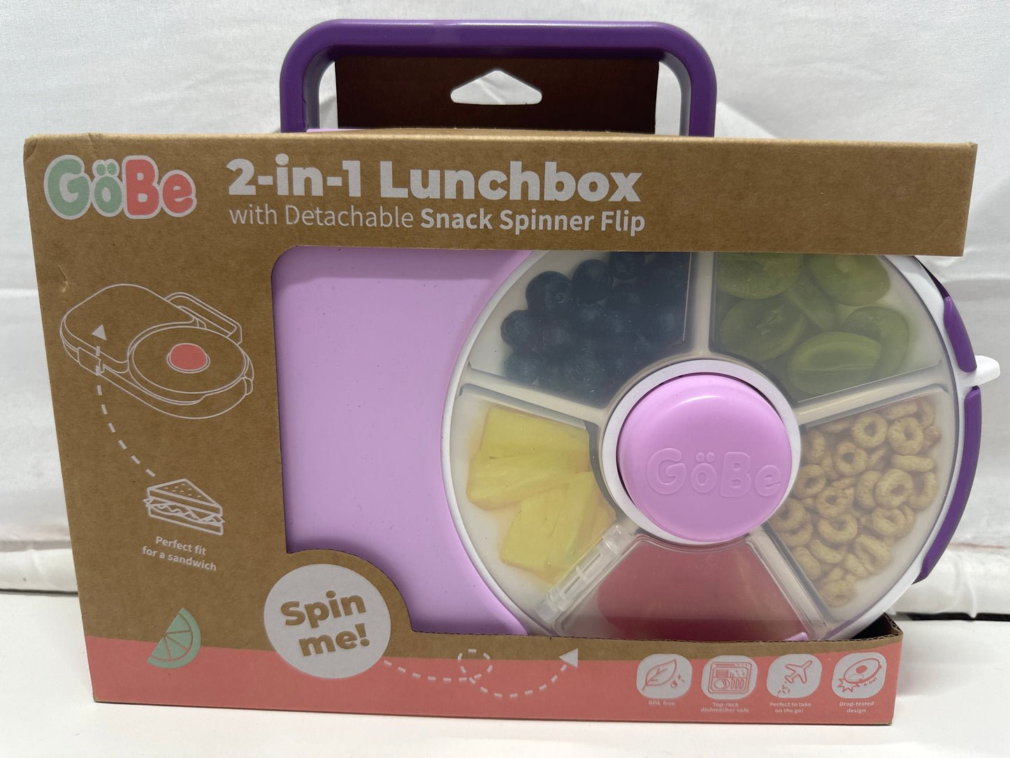 GoBe 2-in-1 Lunchbox Snack Spinner Pink Purple Kids Food Container