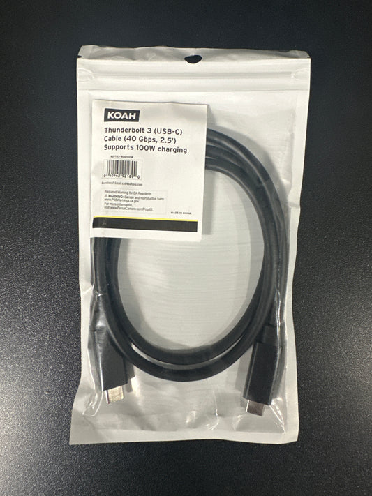 Koah Thunderbolt 3 (USB-C) Cable (40 Gbps, 2.5') - Supports 100W Charging, 0.8m