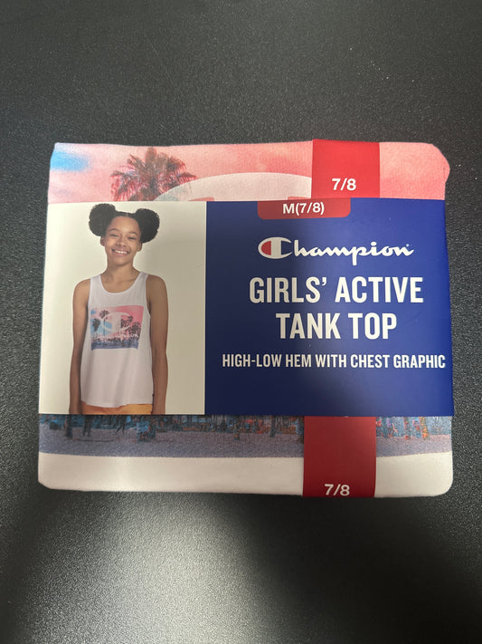 champion girls active tank top high low hem with chest graphic (M)