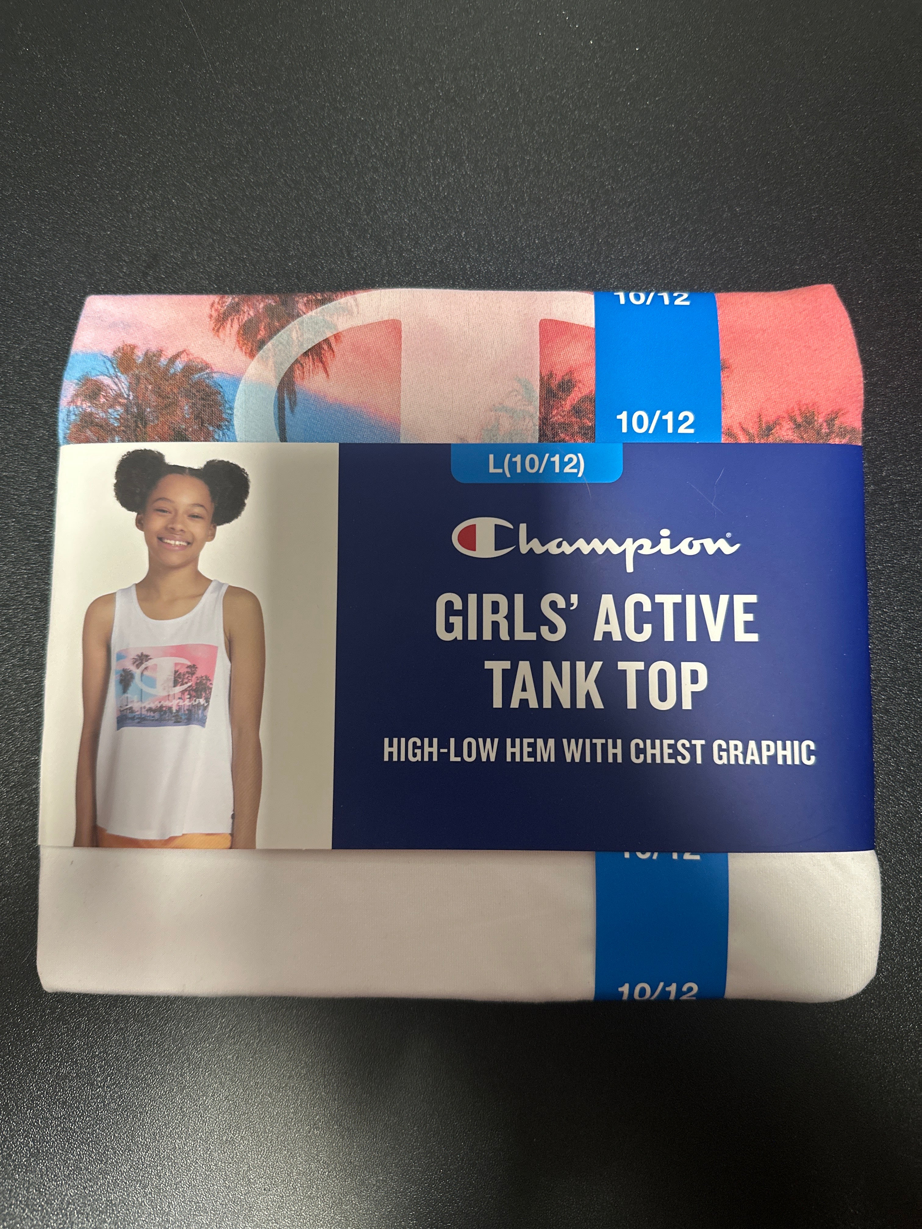 Champion Girl’s Active Tank Top T-Shirt – Size L 10/12 (High-Low Hem with Chest Graphic)