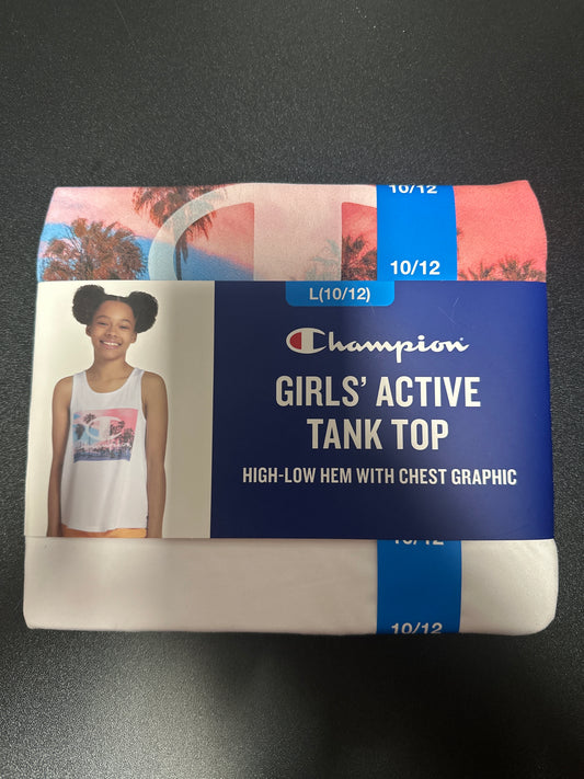 champion girls active tank top high low hem with chest graphic (L)